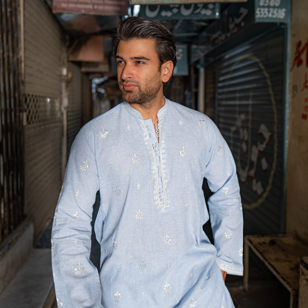 Sky Blue Chikankari Cotton Kurta with Farshi Shalwar (2-Piece) - Image 8