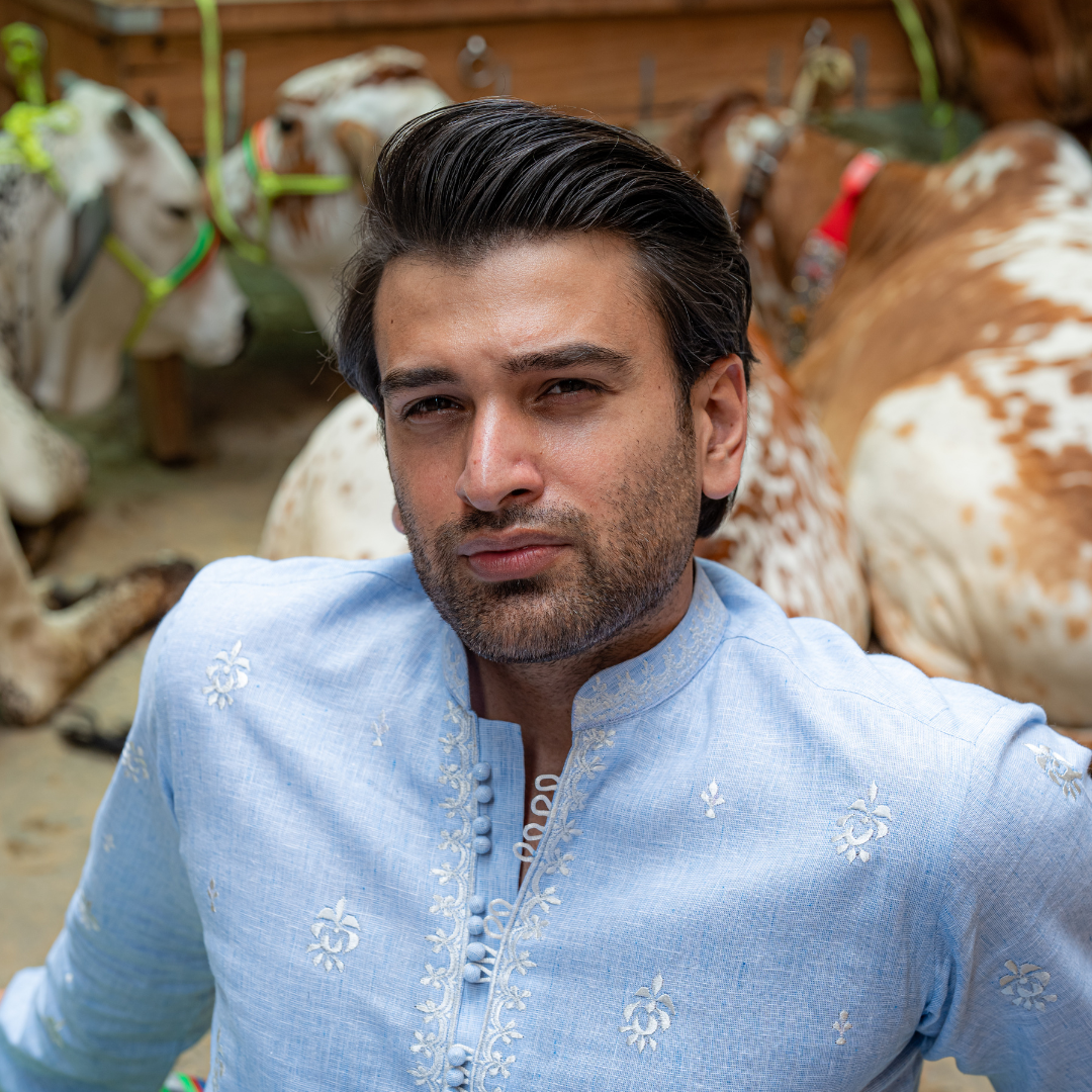 Sky Blue Chikankari Cotton Kurta with Farshi Shalwar (2-Piece) - Image 9