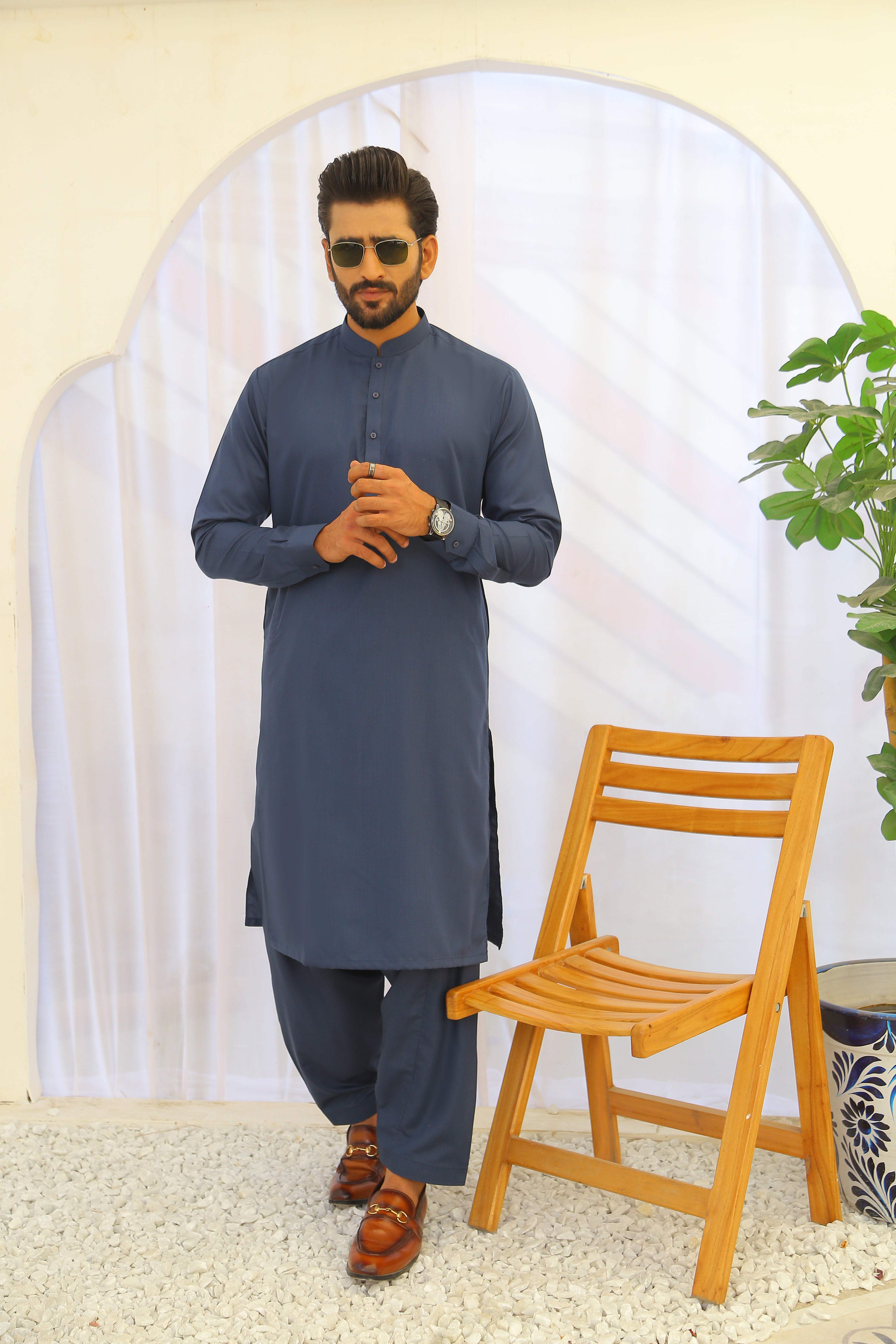 Deep Blue Plain Cotton-Polyester Shalwar Kameez (2-Piece) - Image 1