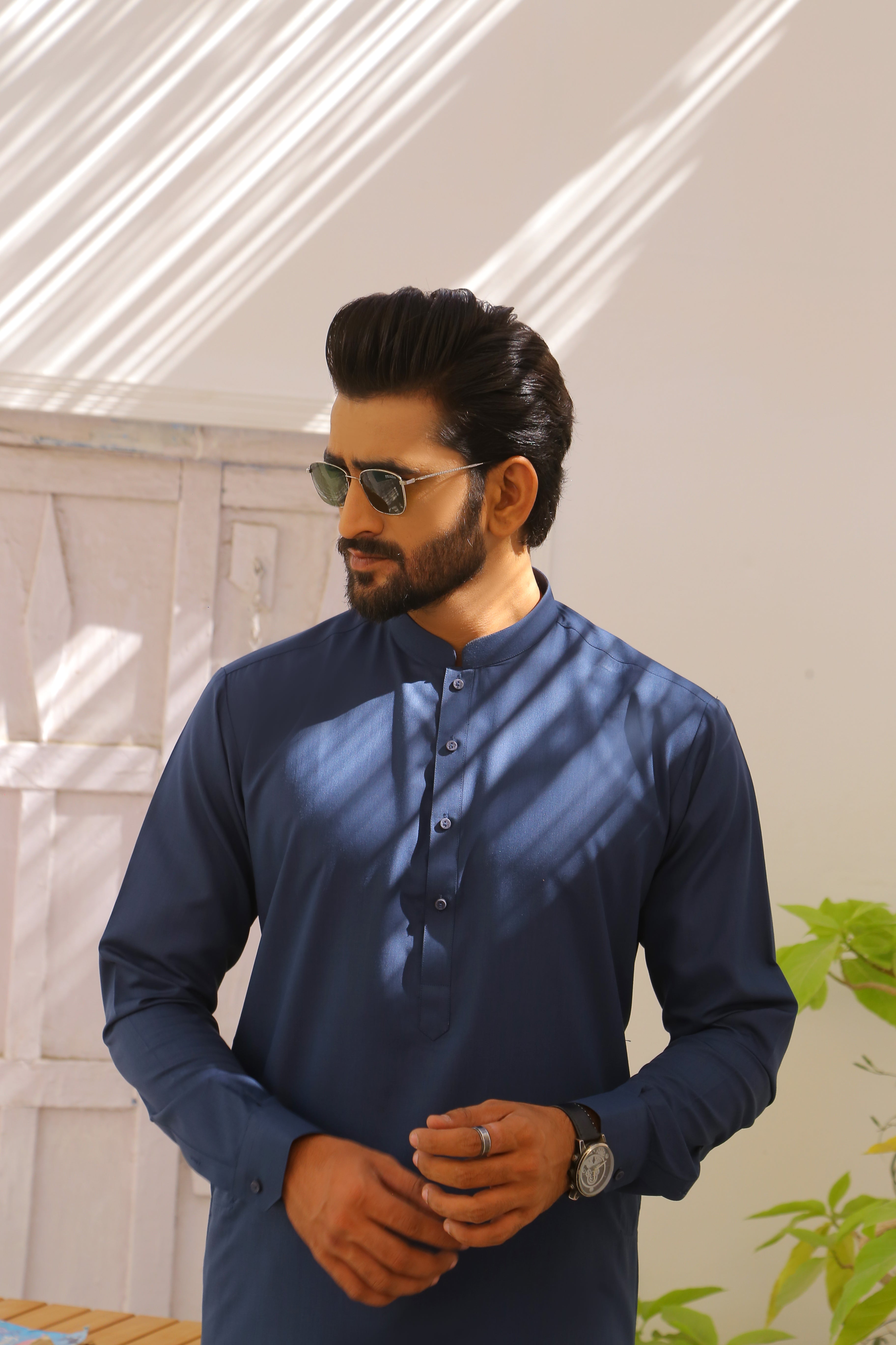 Deep Blue Plain Cotton-Polyester Shalwar Kameez (2-Piece) - Image 3