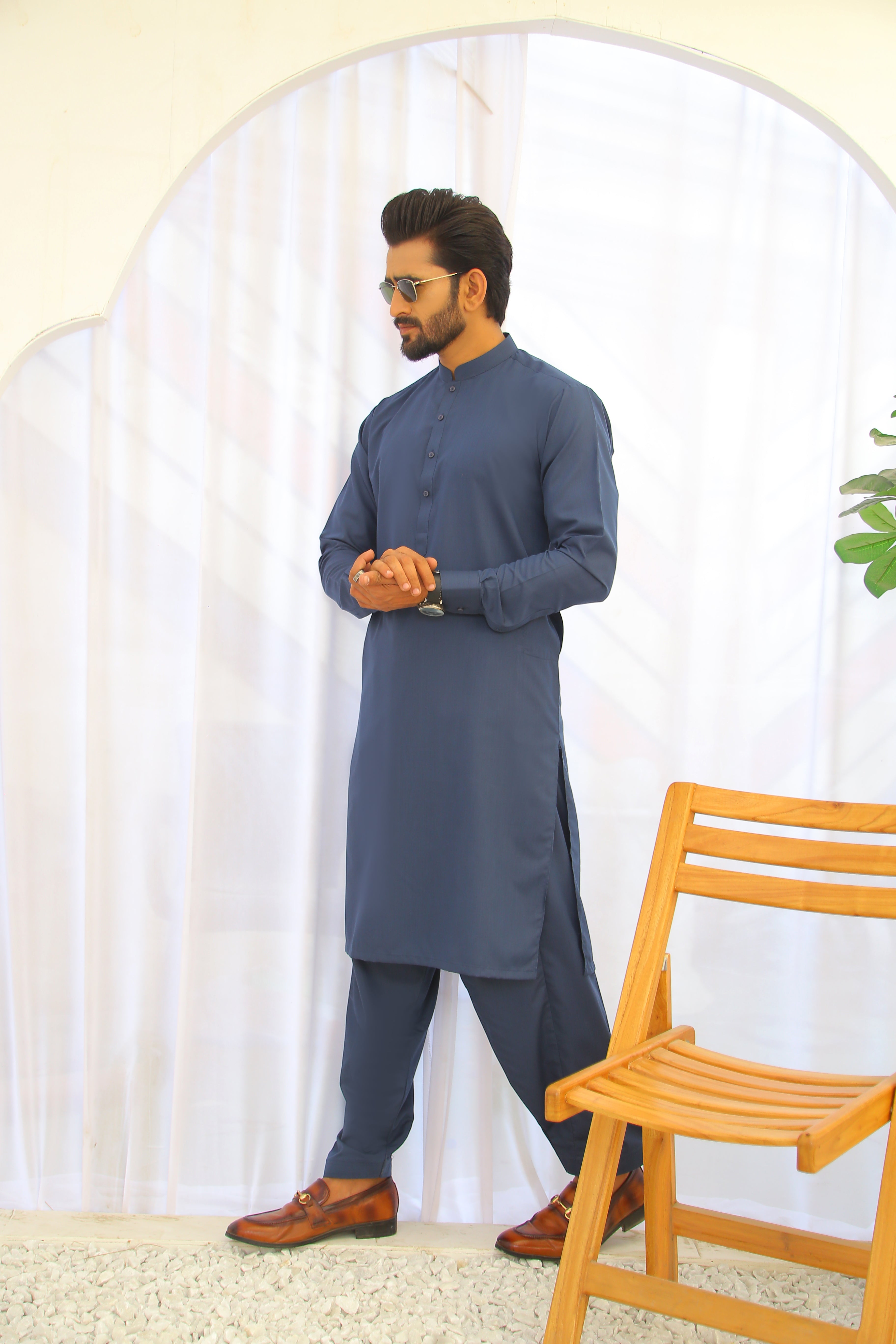 Deep Blue Plain Cotton-Polyester Shalwar Kameez (2-Piece) - Image 4