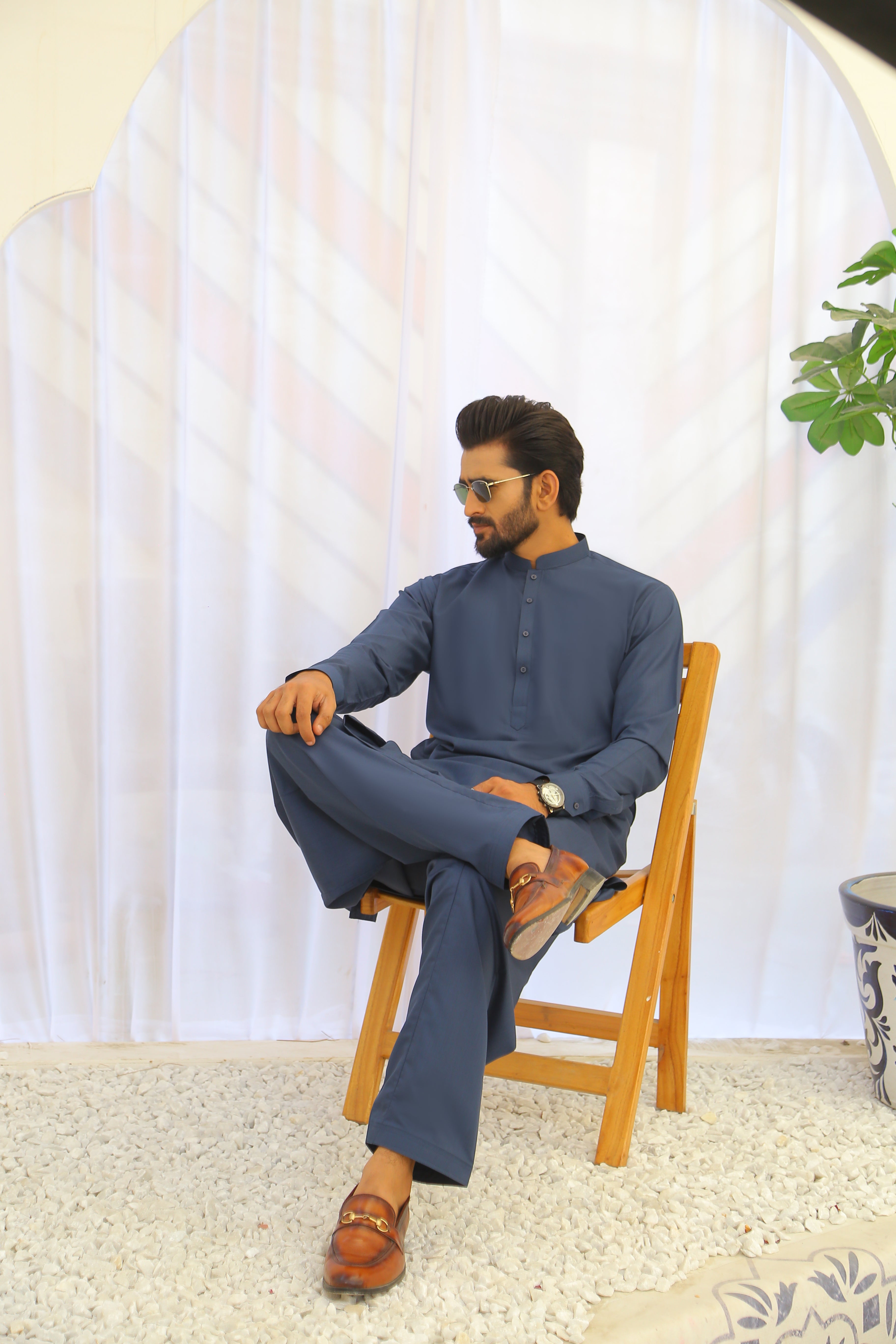 Deep Blue Plain Cotton-Polyester Shalwar Kameez (2-Piece) - Image 6