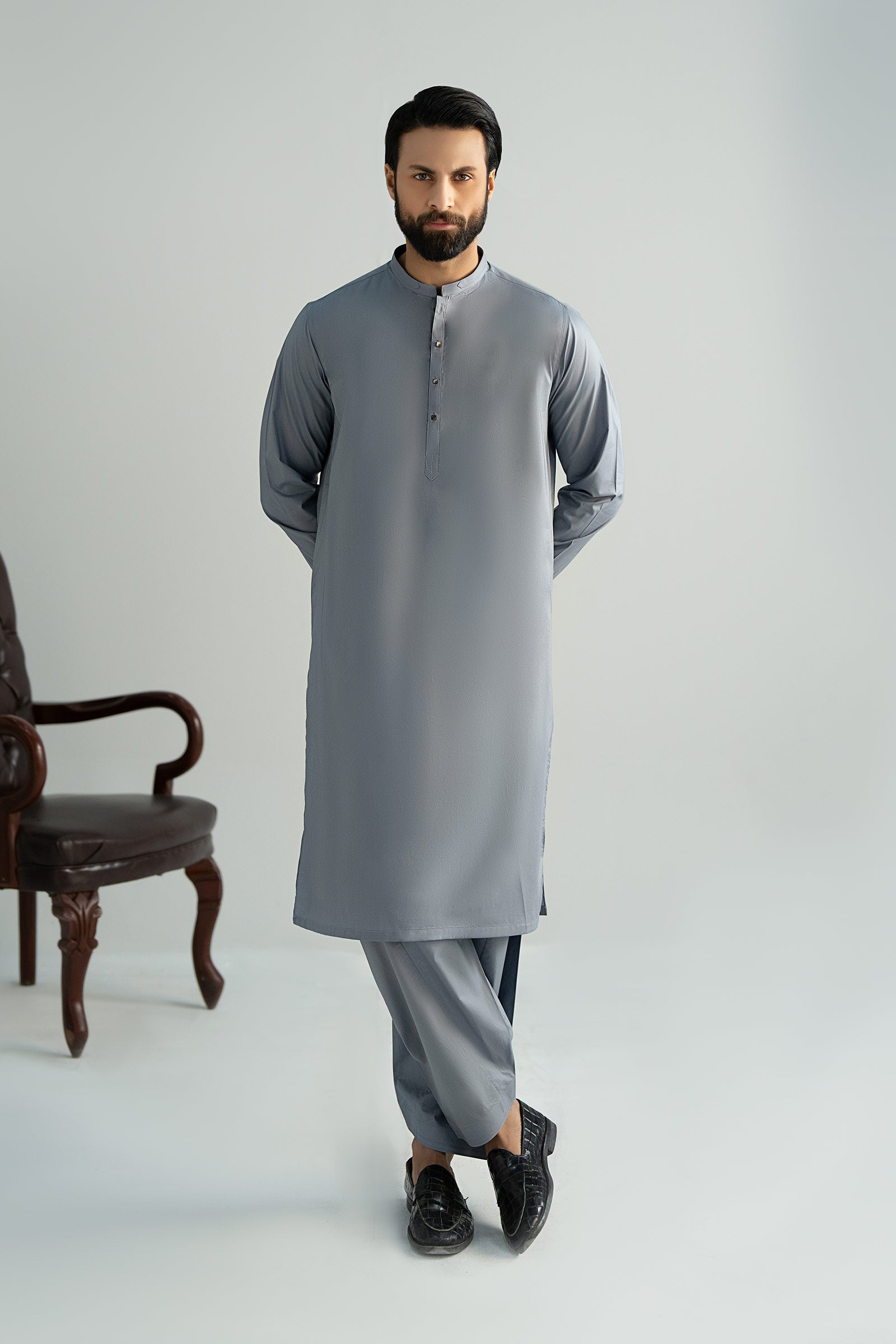 Mid Blue Cut-and-Sew Cotton Kurta Shalwar (2-Piece) - Image 1