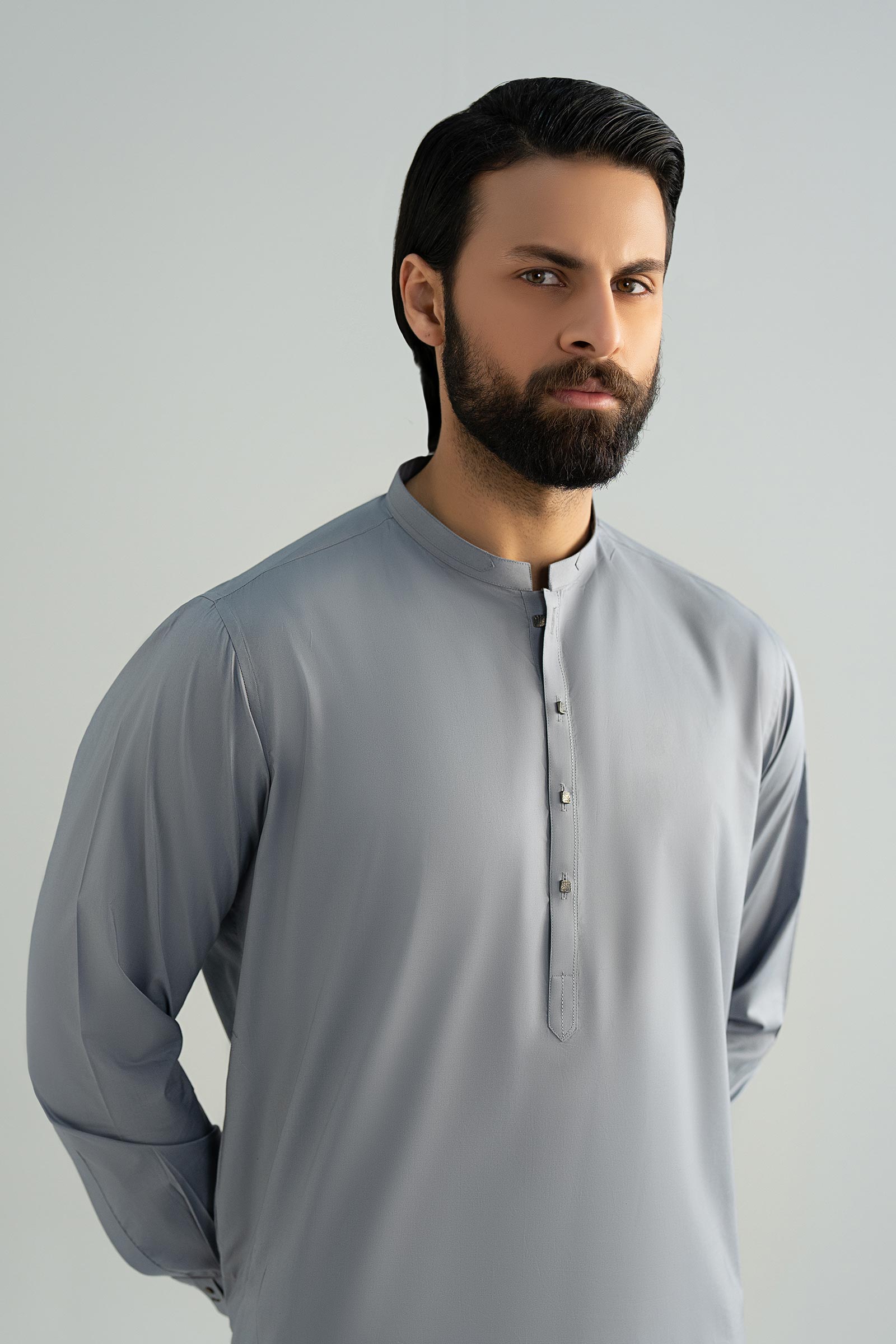 Mid Blue Cut-and-Sew Cotton Kurta Shalwar (2-Piece) - Image 2