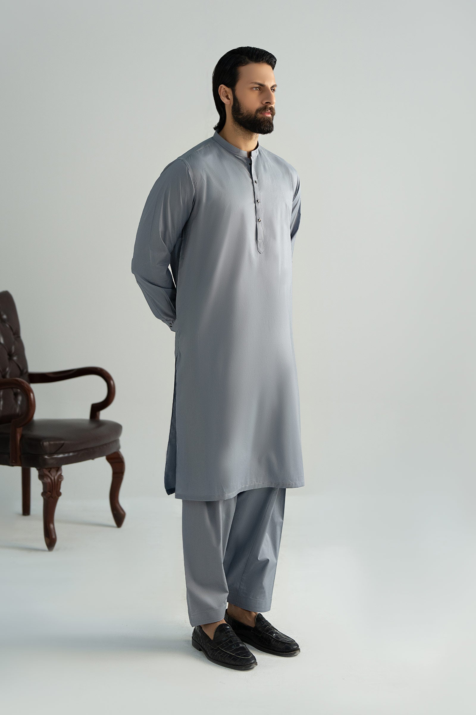 Mid Blue Cut-and-Sew Cotton Kurta Shalwar (2-Piece) - Image 3