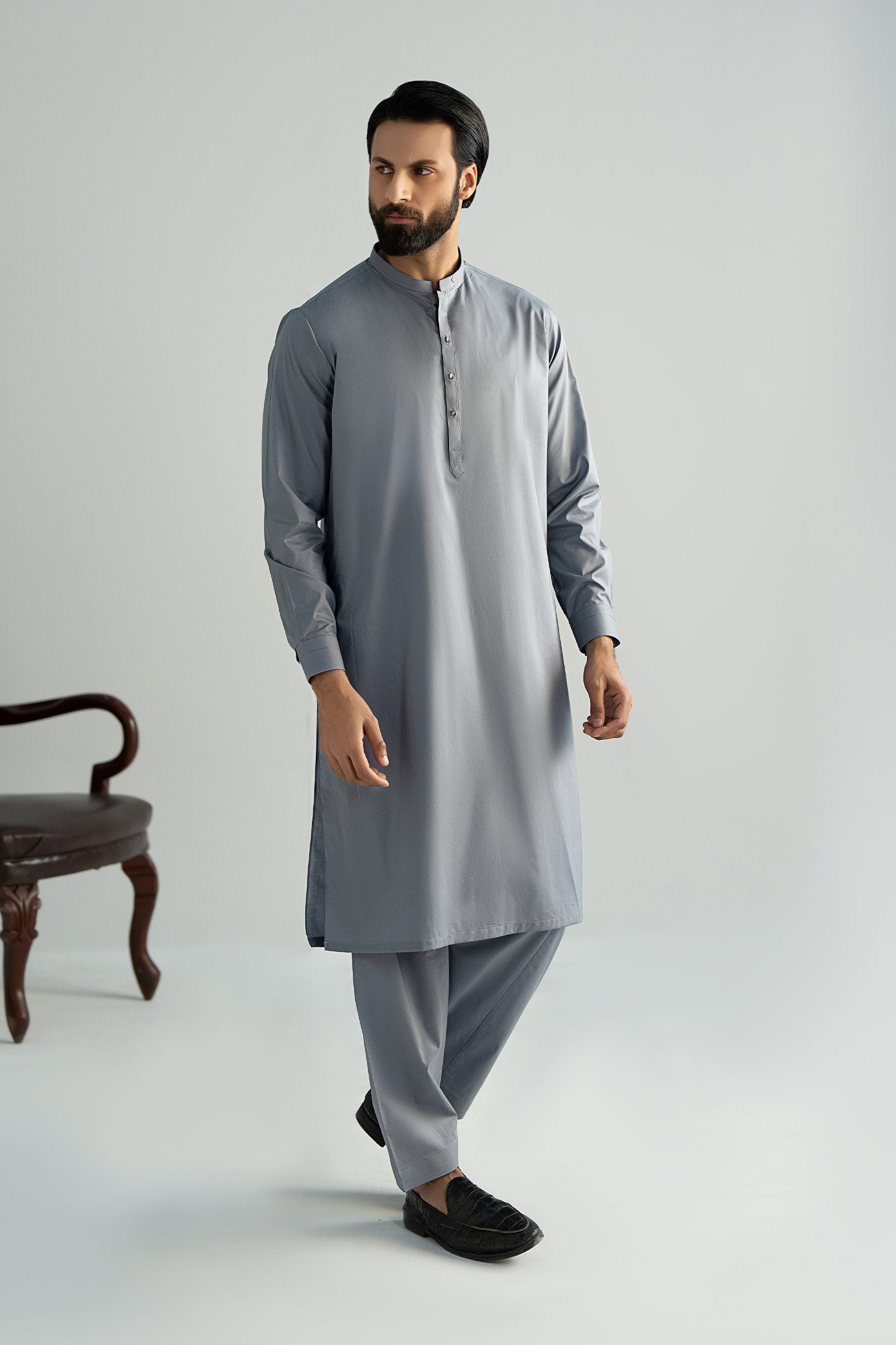 Mid Blue Cut-and-Sew Cotton Kurta Shalwar (2-Piece) - Image 7