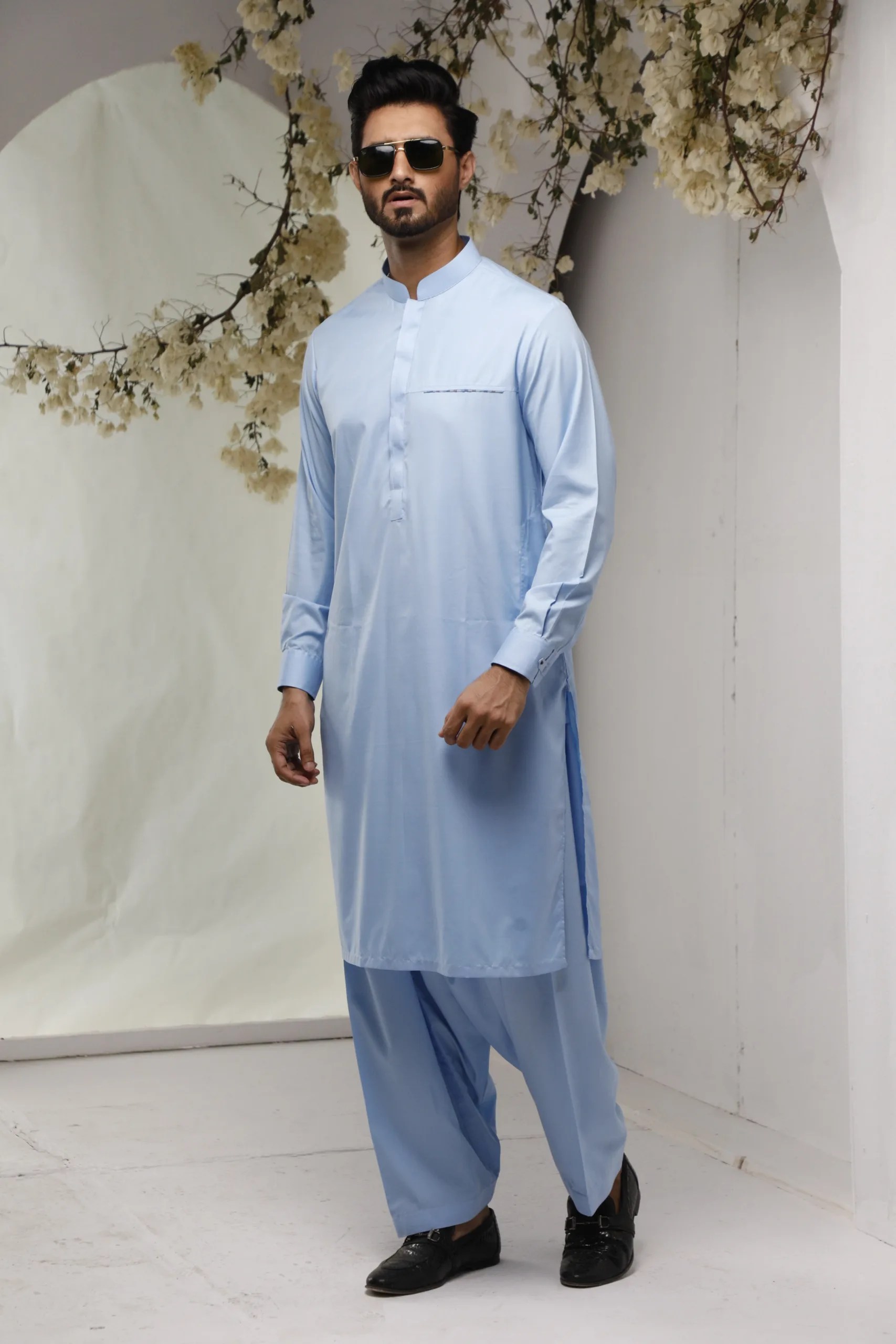 Light Blue Plain Cotton Shalwar Kameez (2-Piece) - Image 3