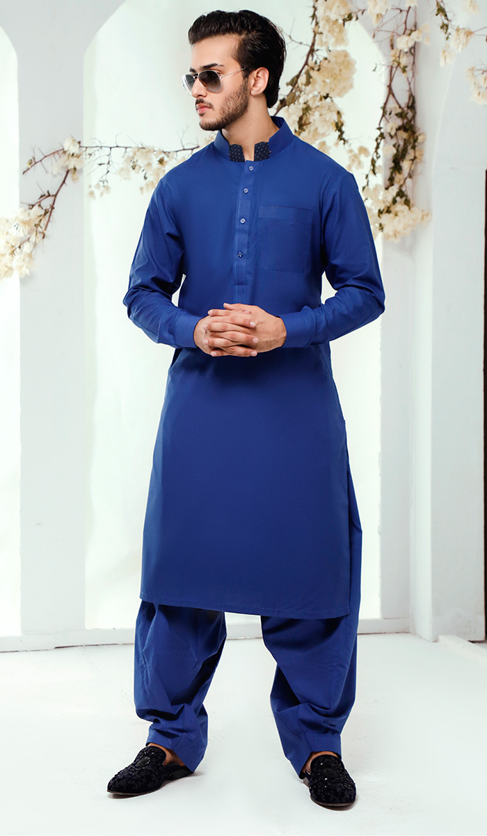 Cobalt Blue Plain Cotton Shalwar Kameez (2-Piece) - Image 1