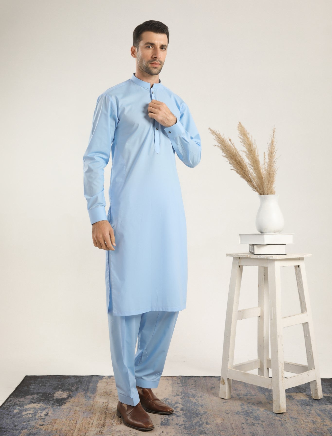 Sky Blue Cotton Kurta Shalwar (2-Piece) - Image 2