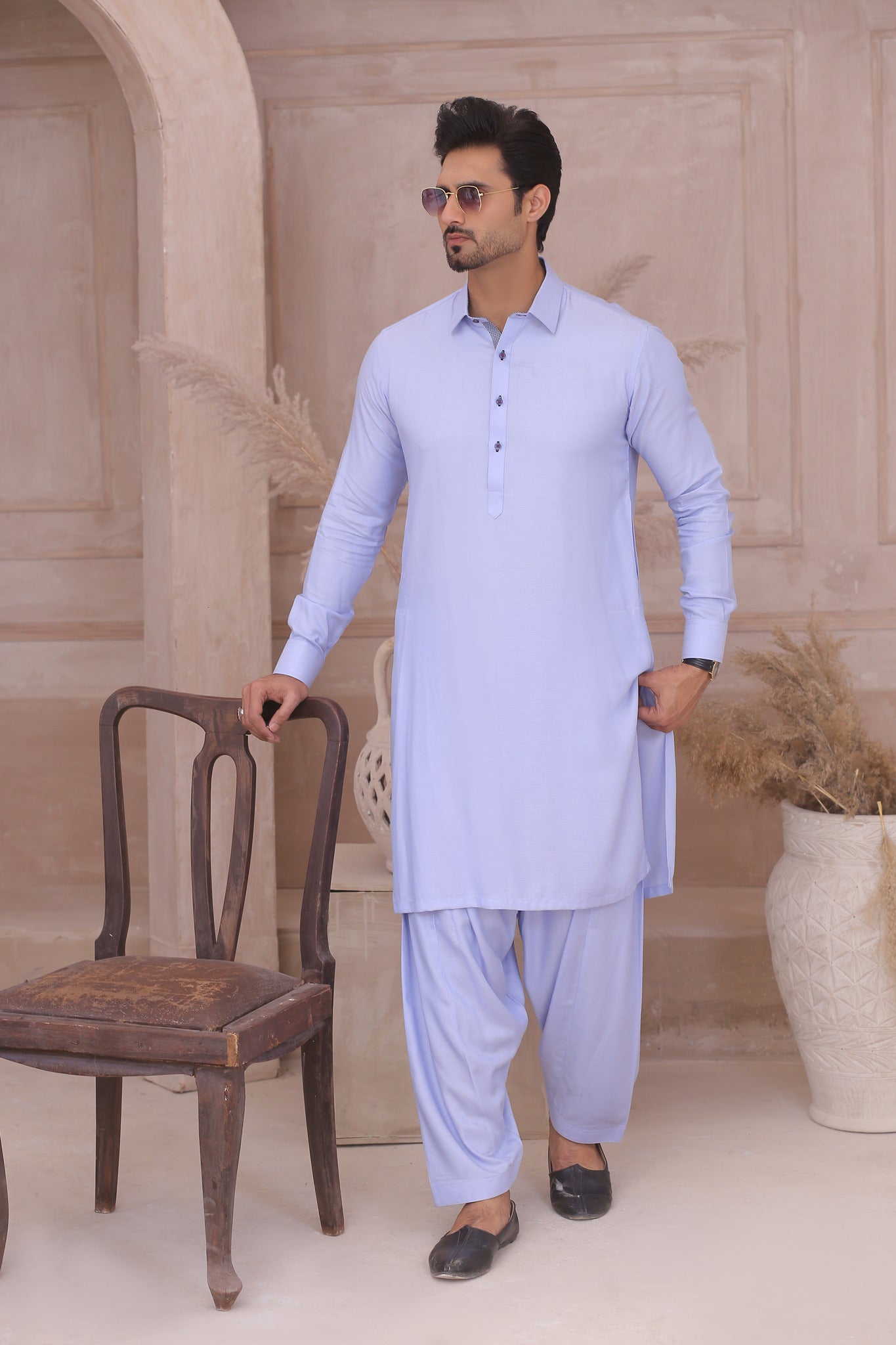 Sky Blue Plain Cotton Shalwar Kameez (2-Piece) - Image 1