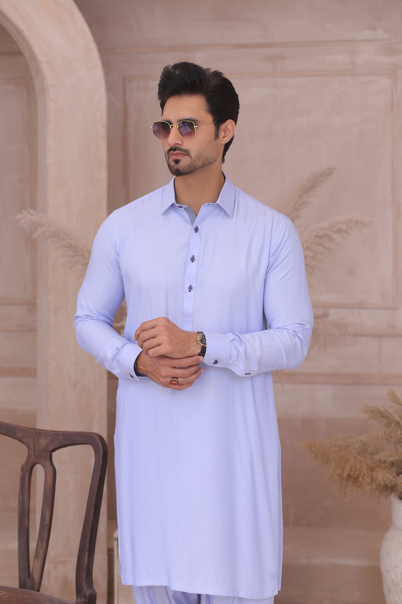 Sky Blue Plain Cotton Shalwar Kameez (2-Piece) - Image 4