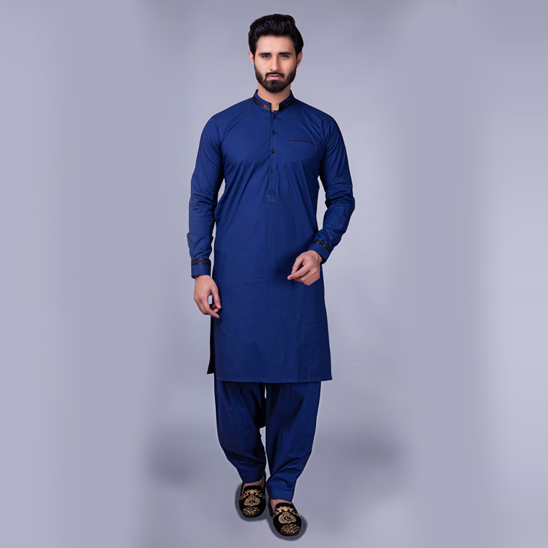 Dark Blue Contrast-Trim Cotton Shalwar Kameez (2-Piece) - Image 1