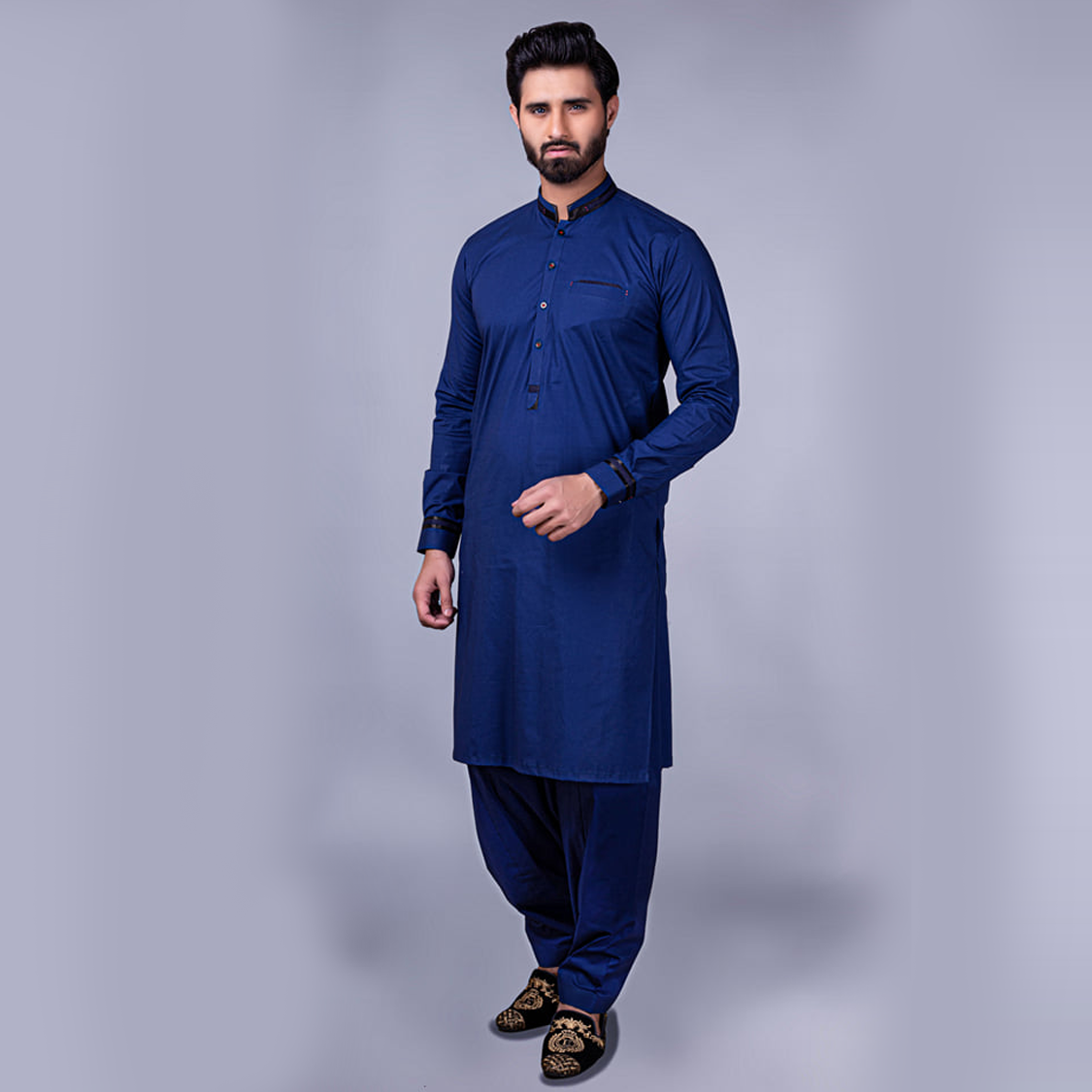 Dark Blue Contrast-Trim Cotton Shalwar Kameez (2-Piece) - Image 2