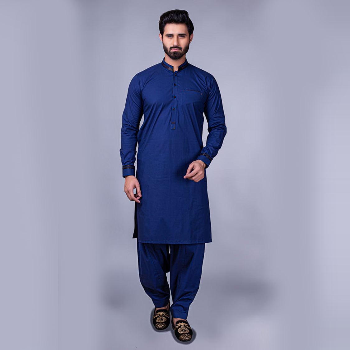 Dark Blue Contrast-Trim Cotton Shalwar Kameez (2-Piece) - Image 3