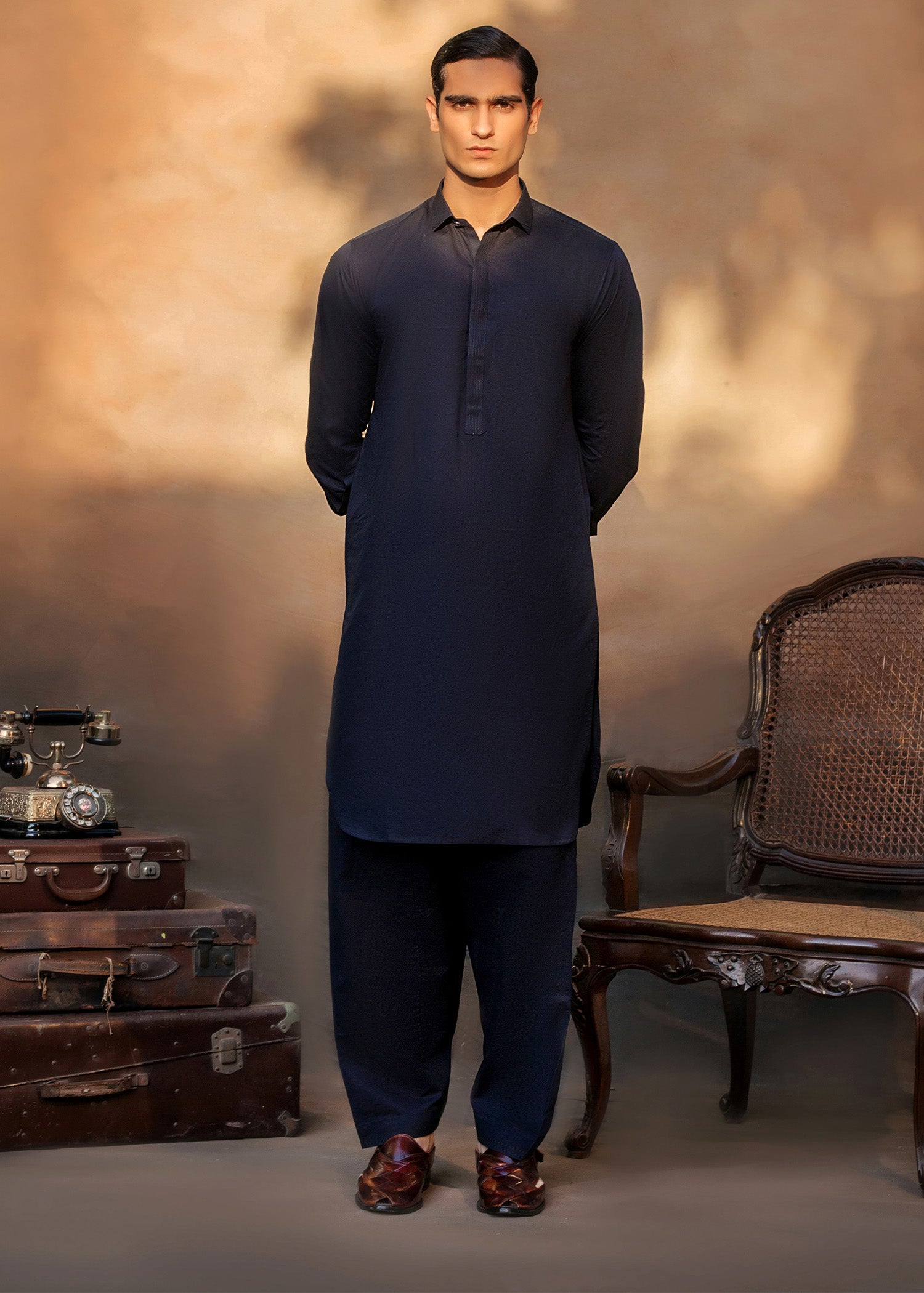 Midnight Blue Embroidered Irish Linen Kurta Shalwar (2-Piece) - Image 1