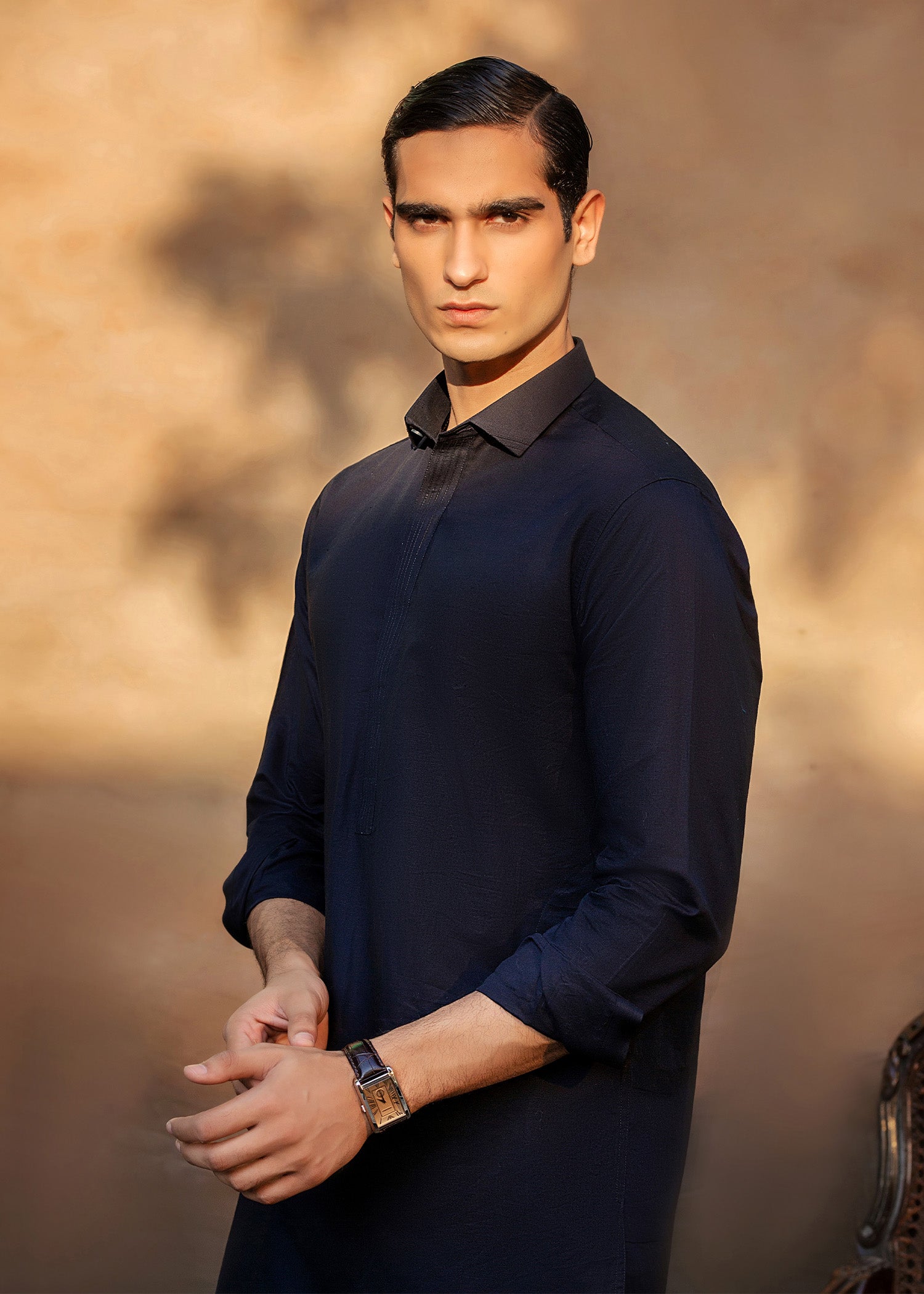 Midnight Blue Embroidered Irish Linen Kurta Shalwar (2-Piece) - Image 4