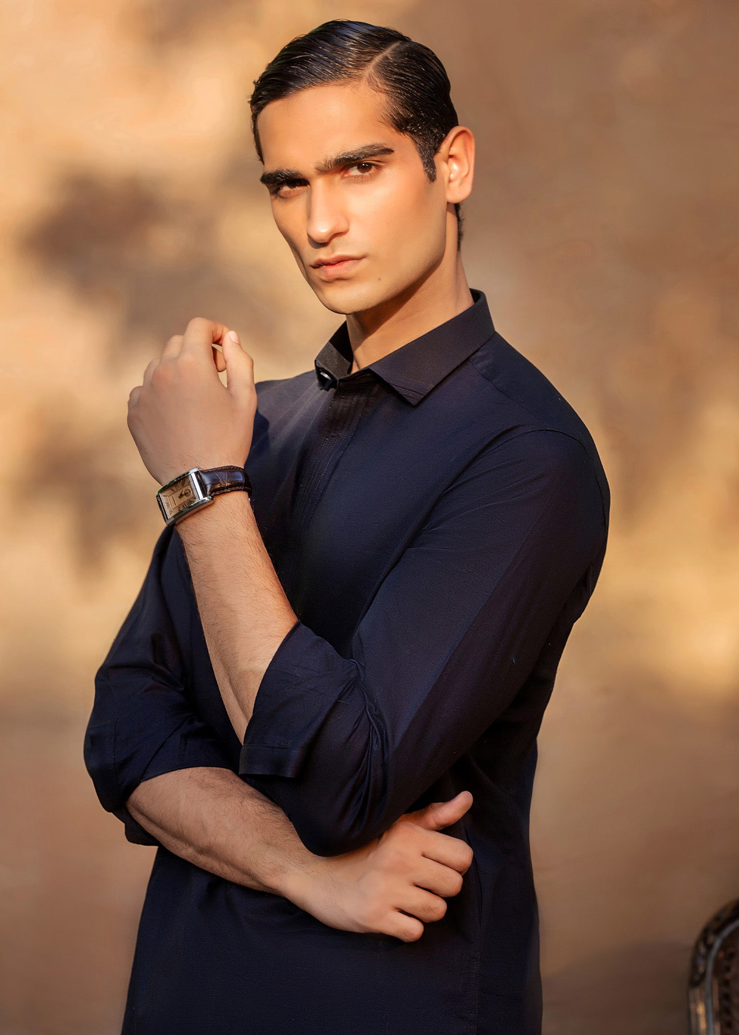 Midnight Blue Embroidered Irish Linen Kurta Shalwar (2-Piece) - Image 5