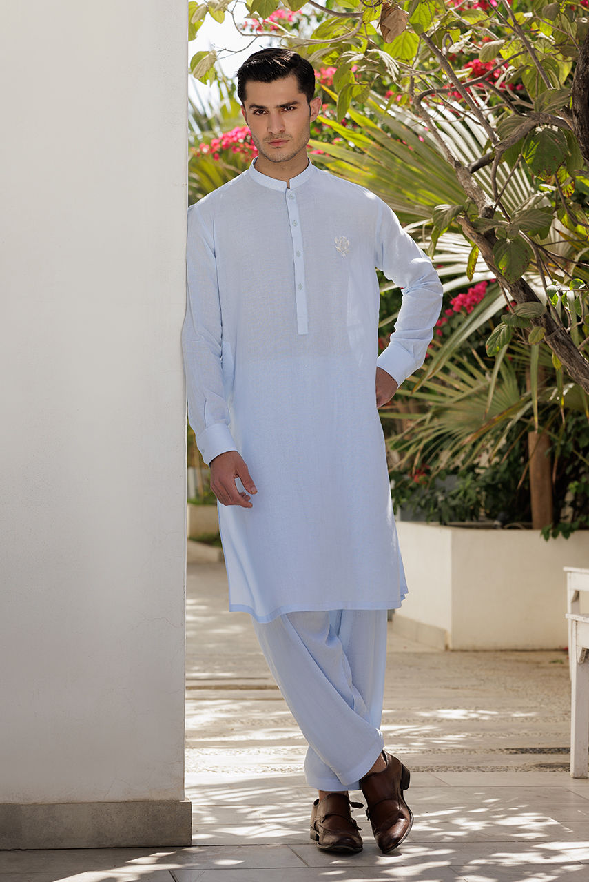Ice Blue Embroidered Linen Kurta Shalwar (2-Piece) - Image 1