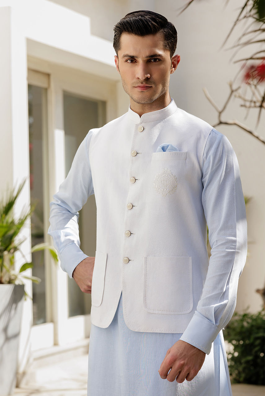 Ice Blue Embroidered Linen Kurta Shalwar (2-Piece) - Image 2