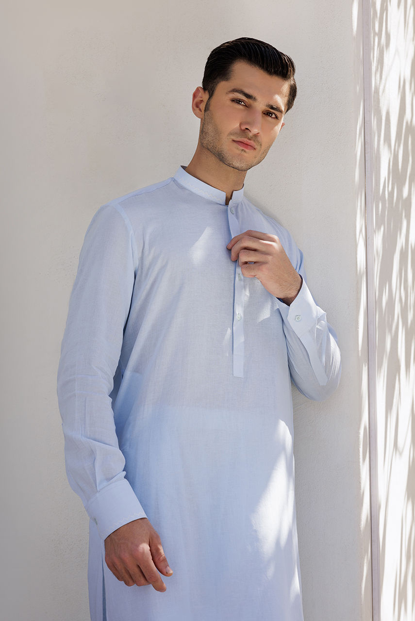 Ice Blue Embroidered Linen Kurta Shalwar (2-Piece) - Image 4