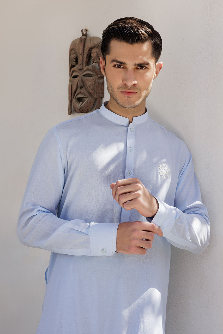 Ice Blue Embroidered Linen Kurta Shalwar (2-Piece) - Image 5