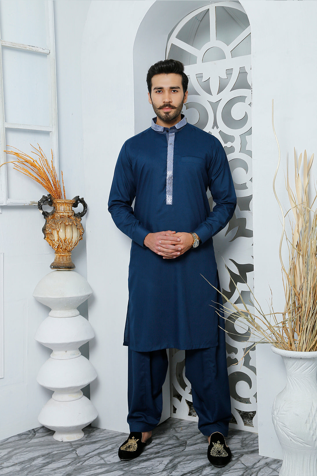 Deep Blue Sequinned Poly Viscose Kurta Shalwar (2-Piece) - Image 1