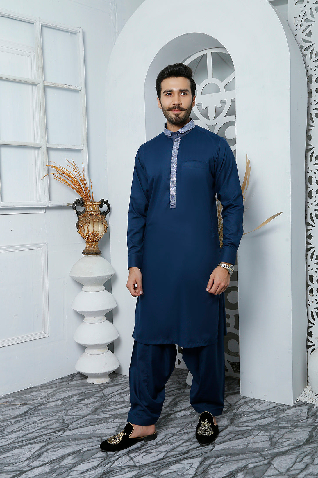 Deep Blue Sequinned Poly Viscose Kurta Shalwar (2-Piece) - Image 4