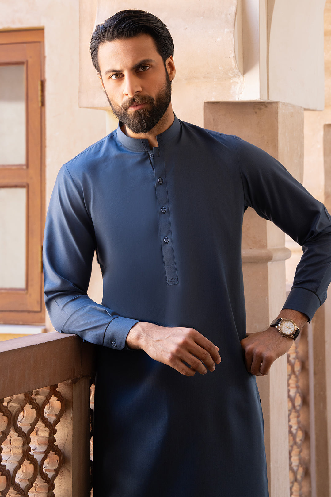 Dark Blue Textured Fabric Shalwar Kameez (2-Piece) - Image 1