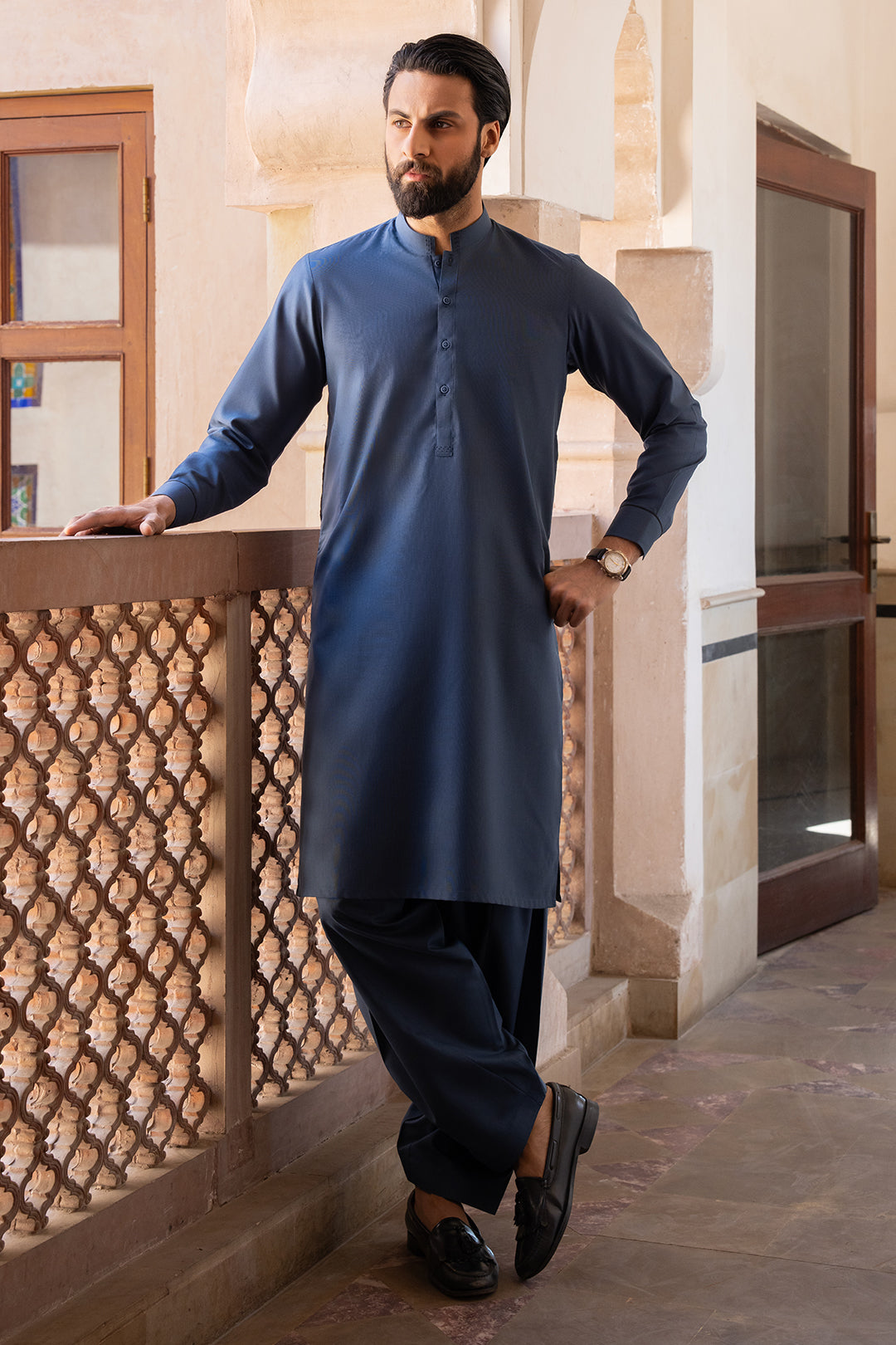 Dark Blue Textured Fabric Shalwar Kameez (2-Piece) - Image 2