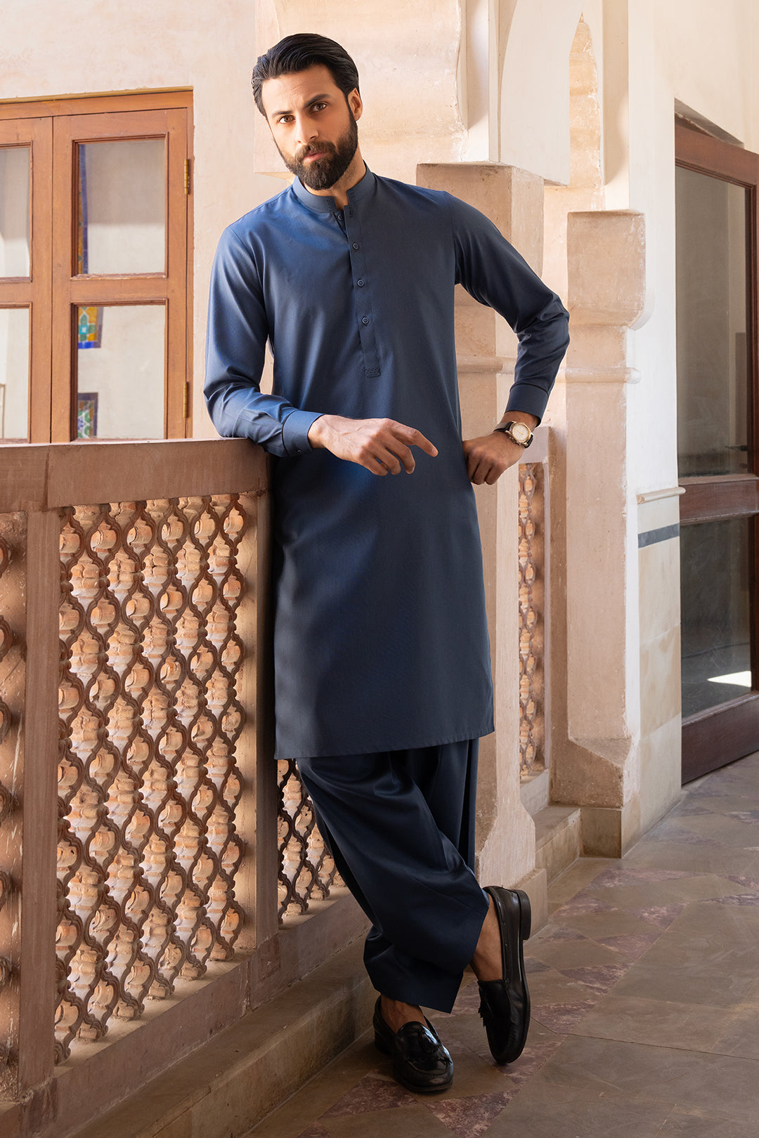 Dark Blue Textured Fabric Shalwar Kameez (2-Piece) - Image 5