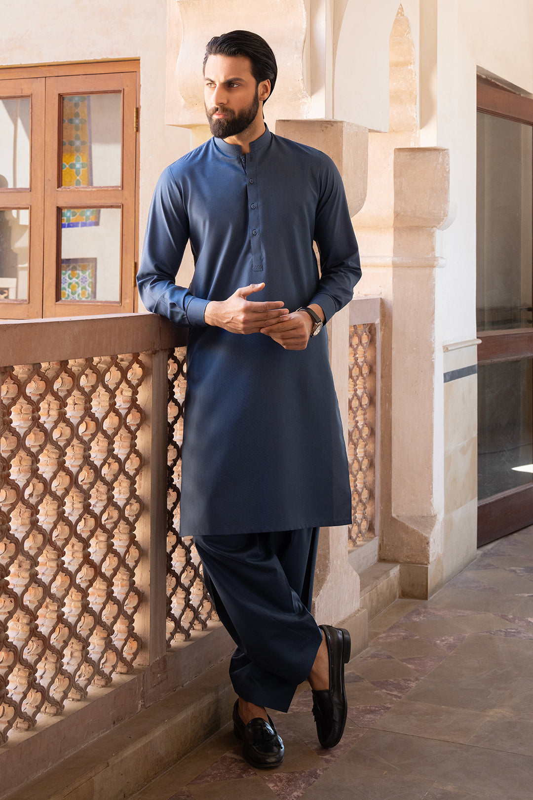 Dark Blue Textured Fabric Shalwar Kameez (2-Piece) - Image 7