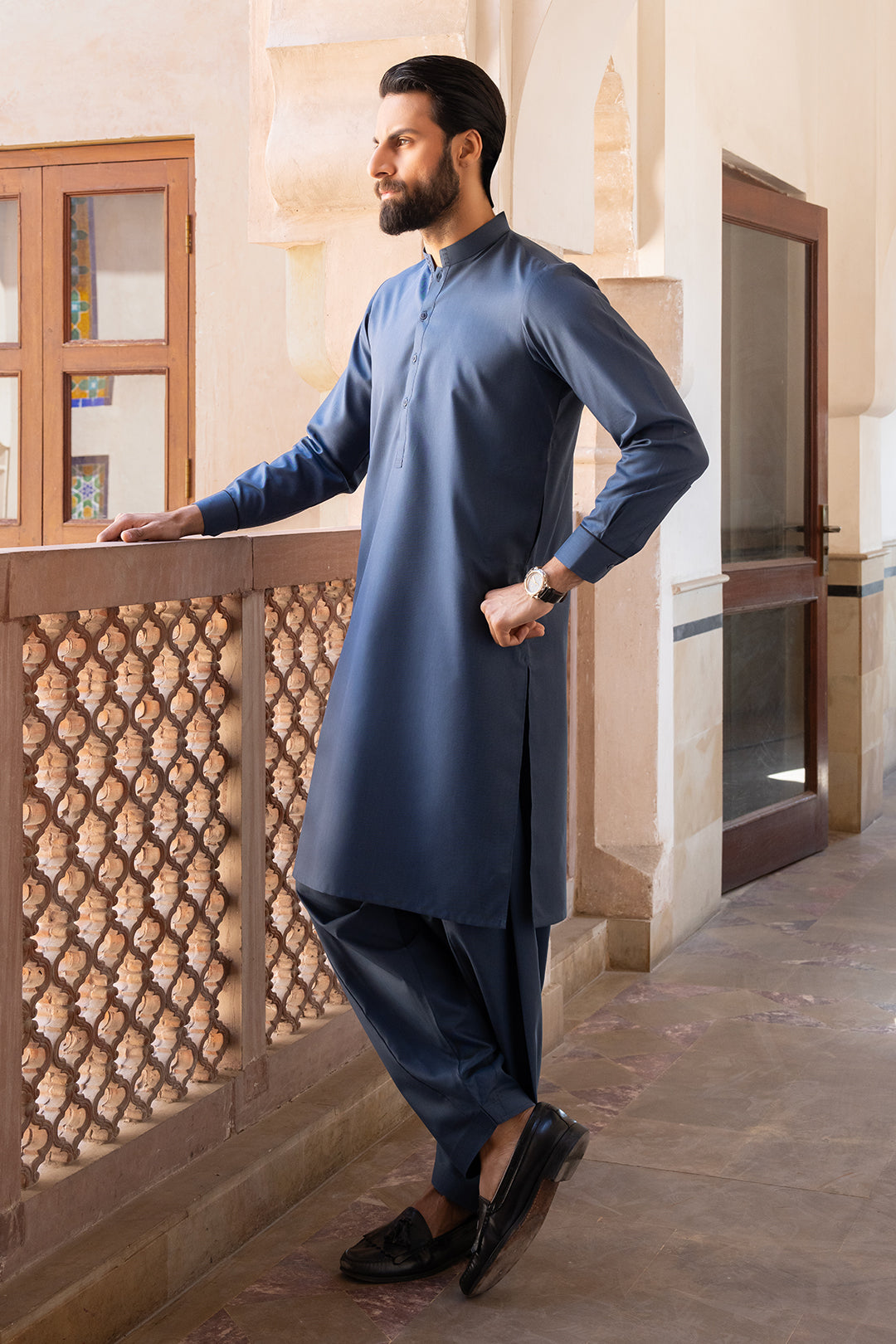 Dark Blue Textured Fabric Shalwar Kameez (2-Piece) - Image 8