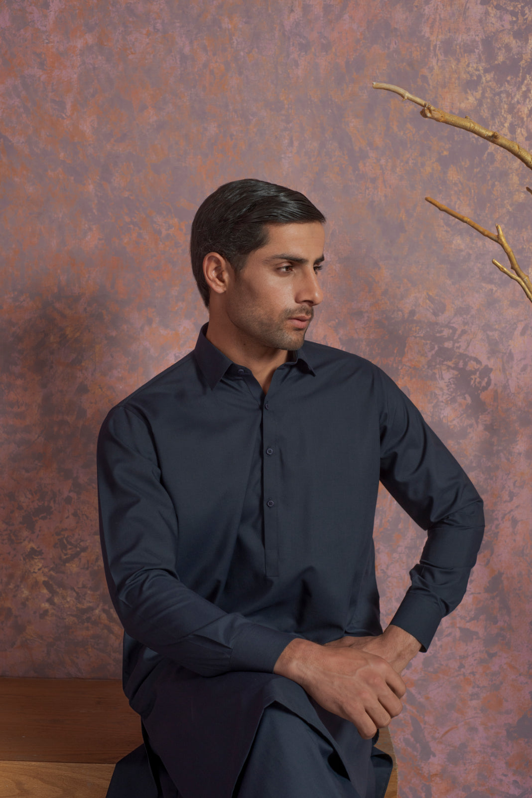 Navy Blue Wash and Wear Kurta Pajama (2-Piece) - Image 2