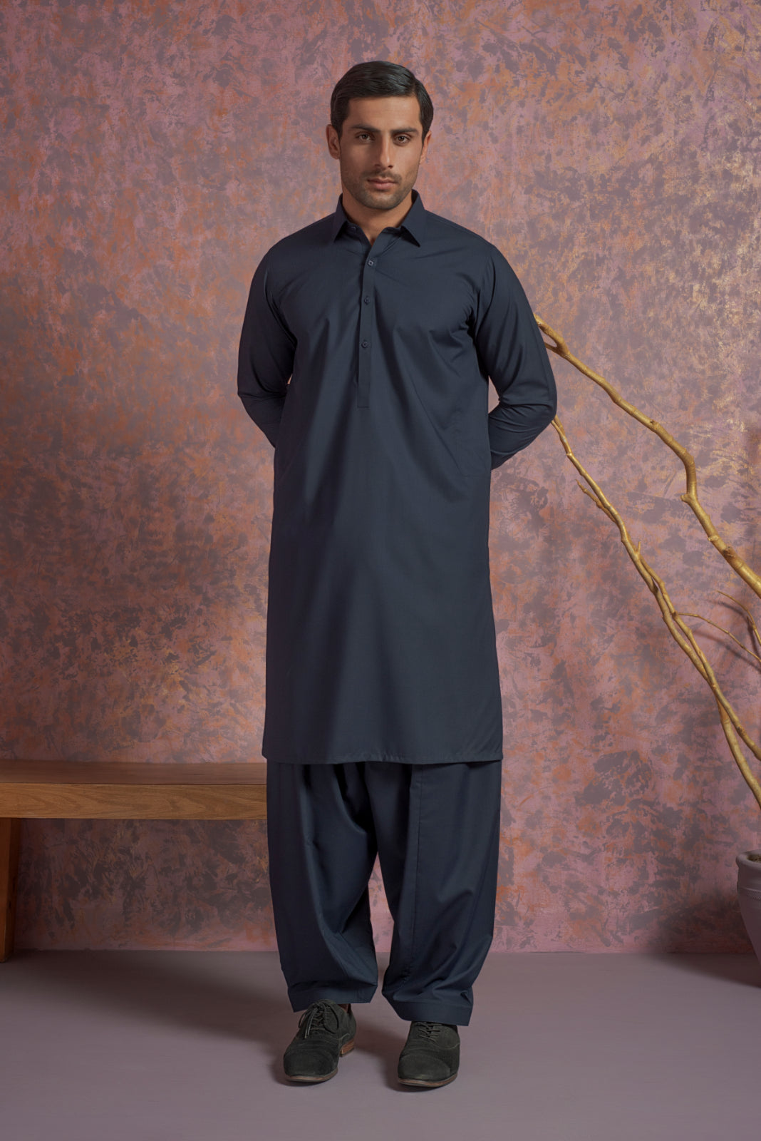 Navy Blue Wash and Wear Kurta Pajama (2-Piece) - Image 3