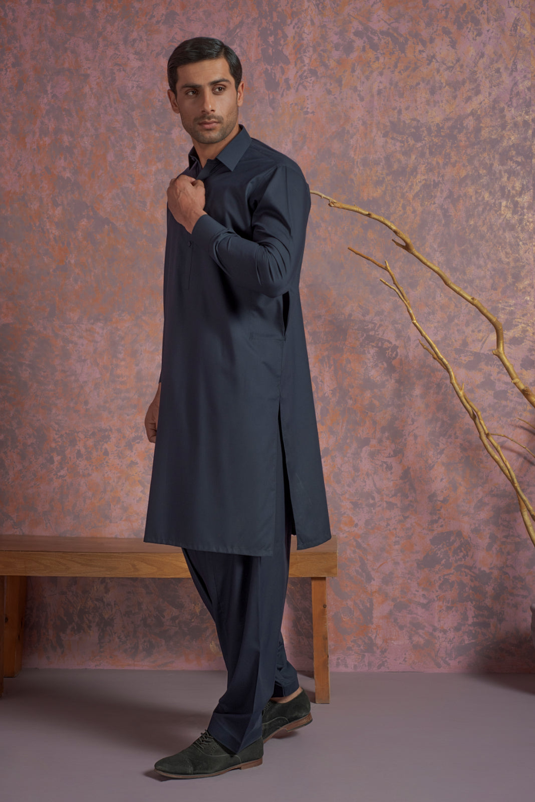Navy Blue Wash and Wear Kurta Pajama (2-Piece) - Image 4