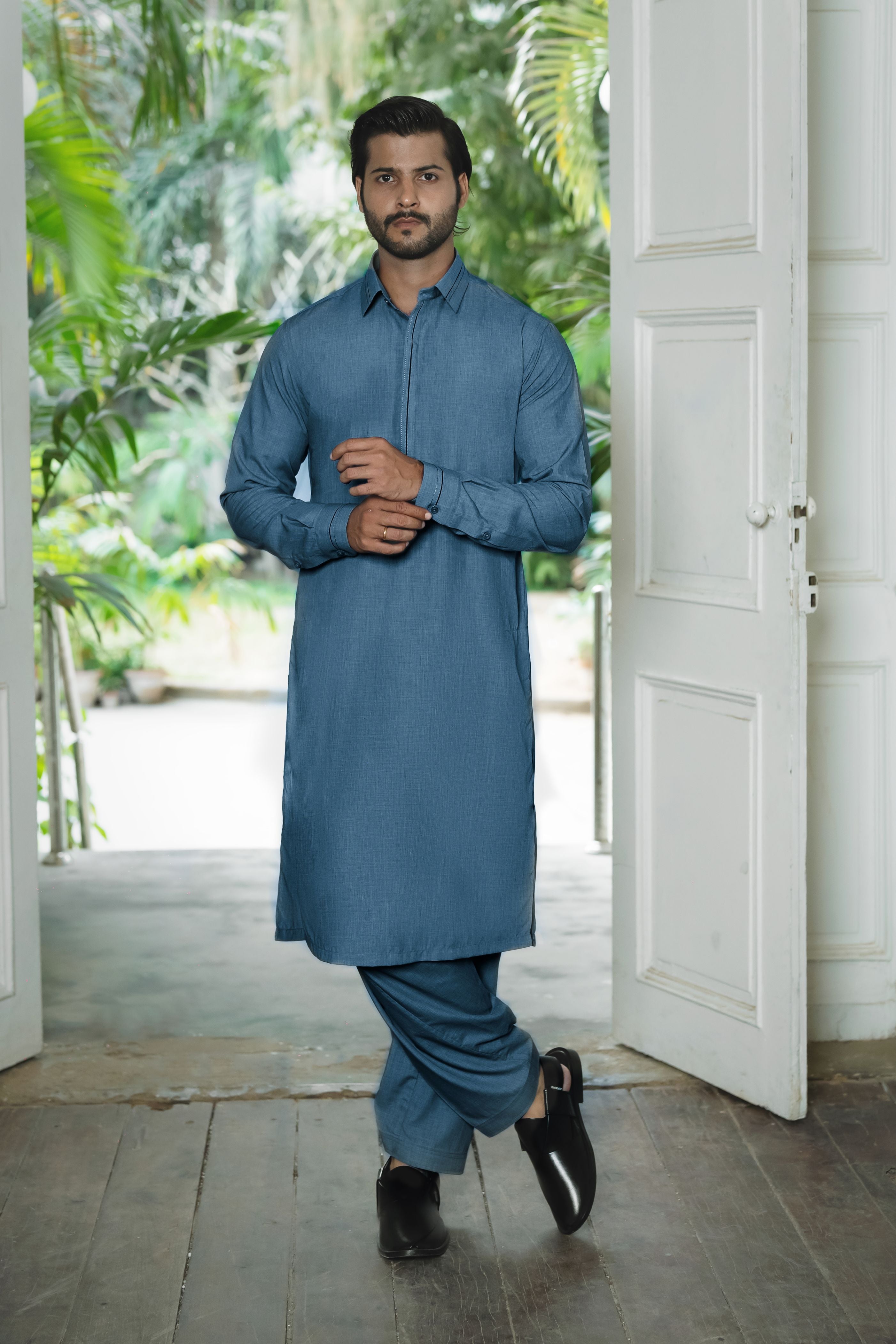 Titan Blue Wash & Wear Blended Shalwar Kameez (2-Piece) - Image 2