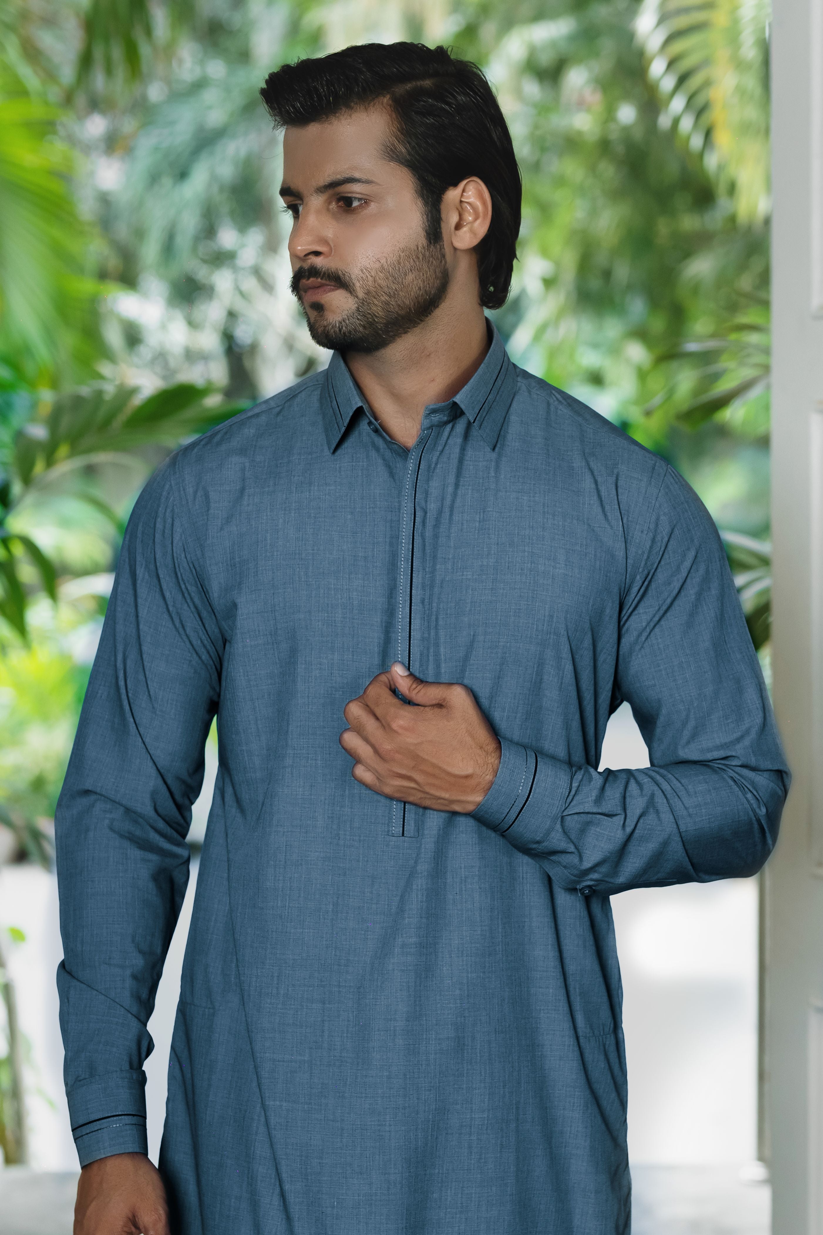 Titan Blue Wash & Wear Blended Shalwar Kameez (2-Piece) - Image 3