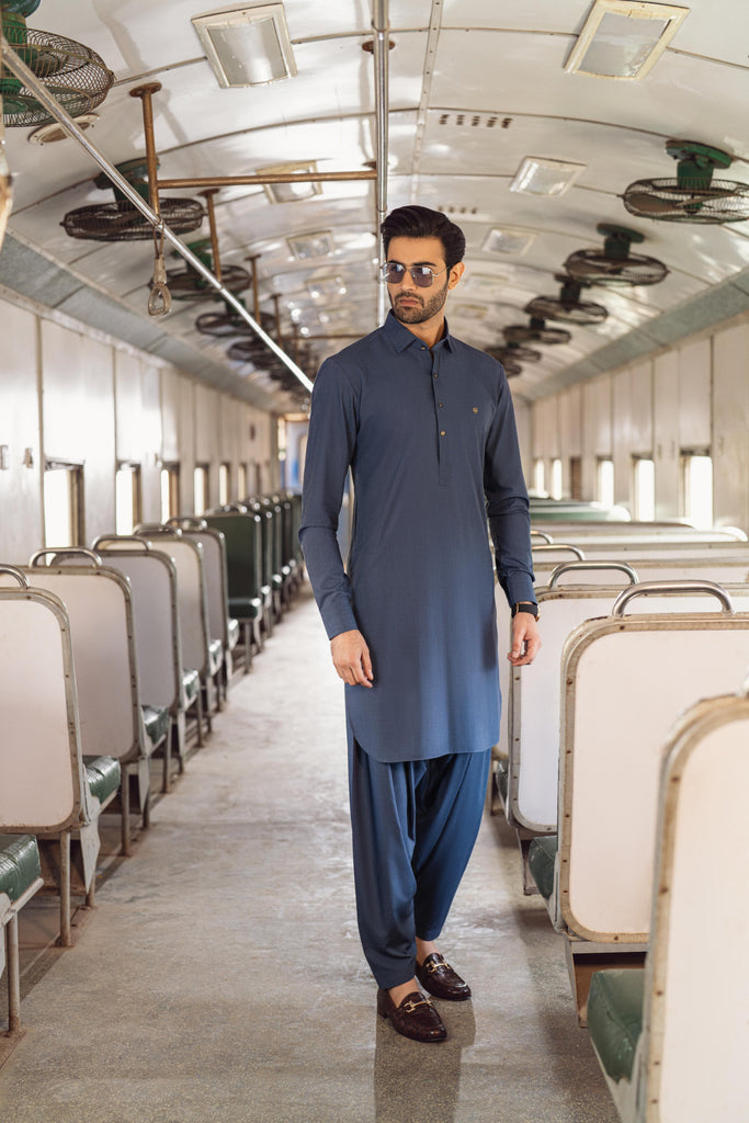 Deep Blue Textured Wash n Wear Shalwar Kameez (2-Piece) - Image 1