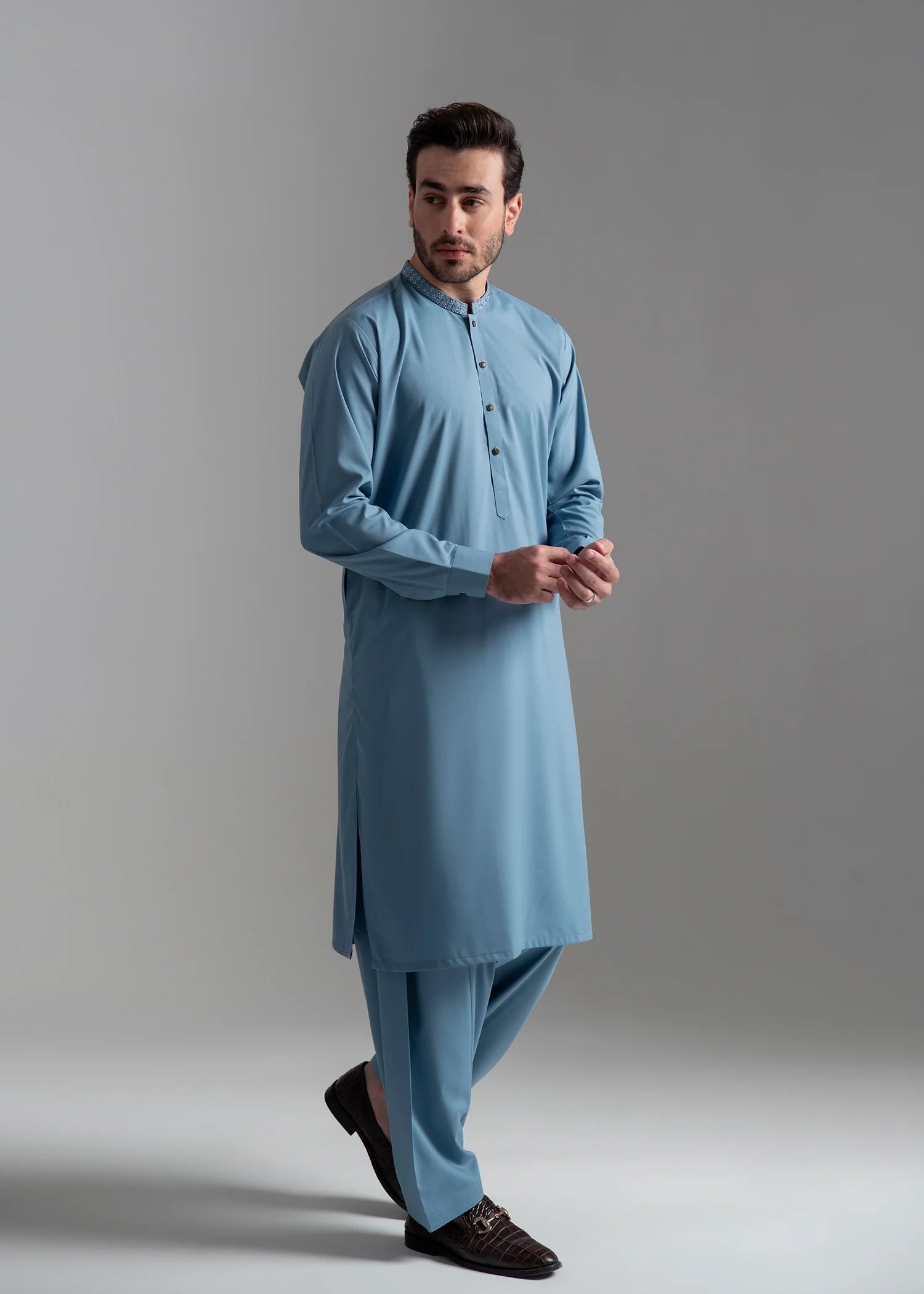 Blue Embroidered Wash & Wear Shalwar Kameez (2-Piece) - Image 2