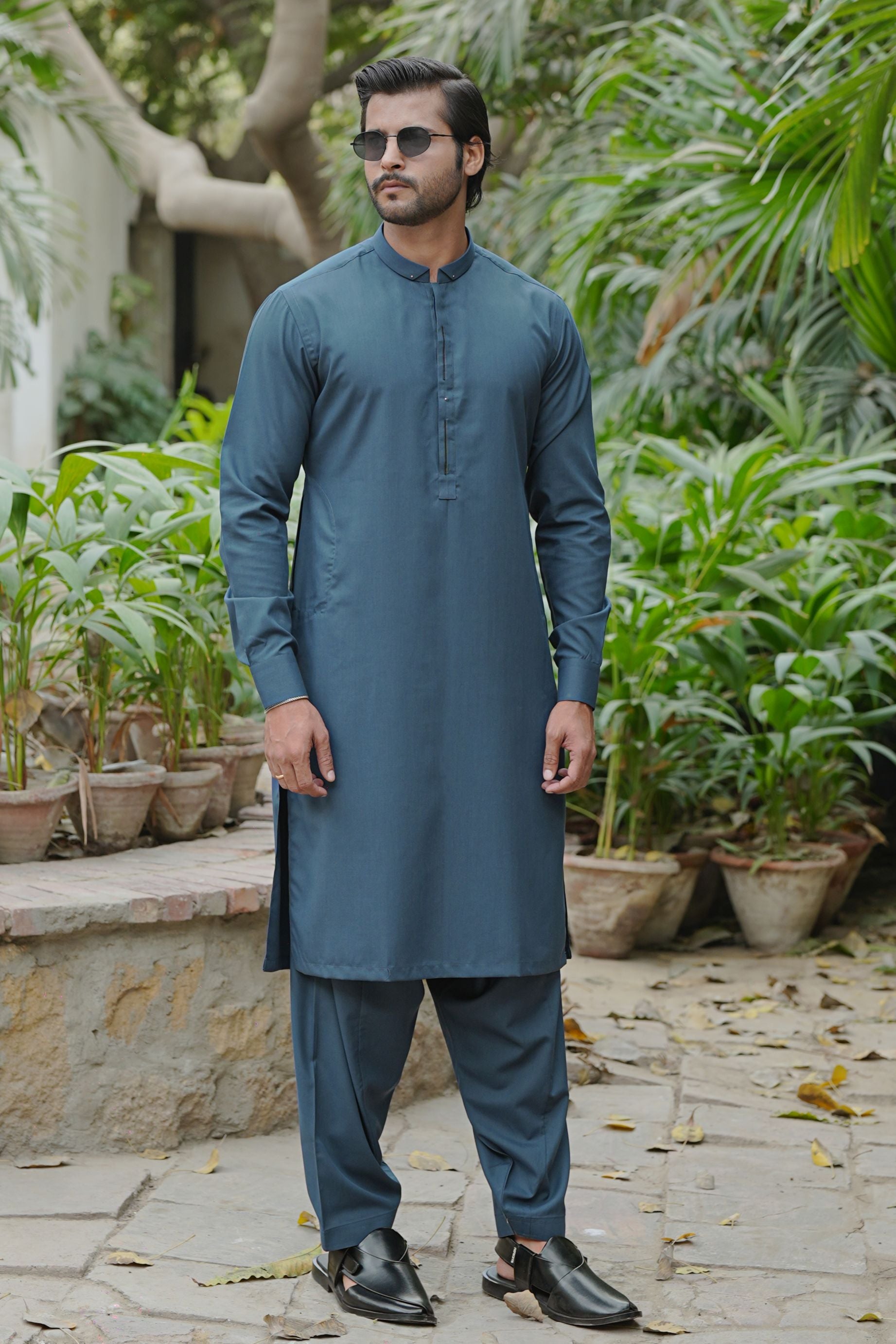 Turk Blue Stud-Accented Wash & Wear Shalwar Kameez (2-Piece) - Image 1