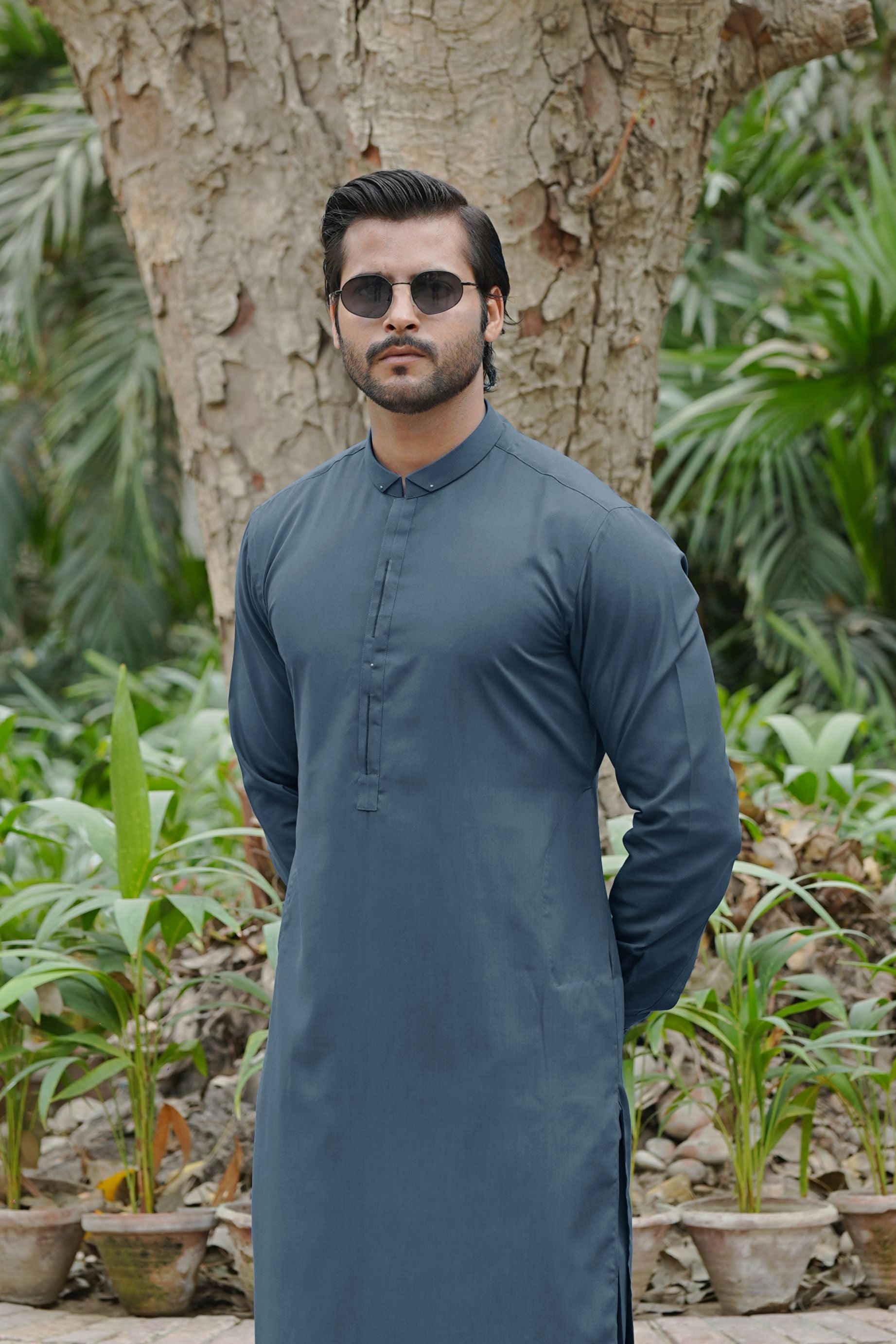 Turk Blue Stud-Accented Wash & Wear Shalwar Kameez (2-Piece) - Image 2