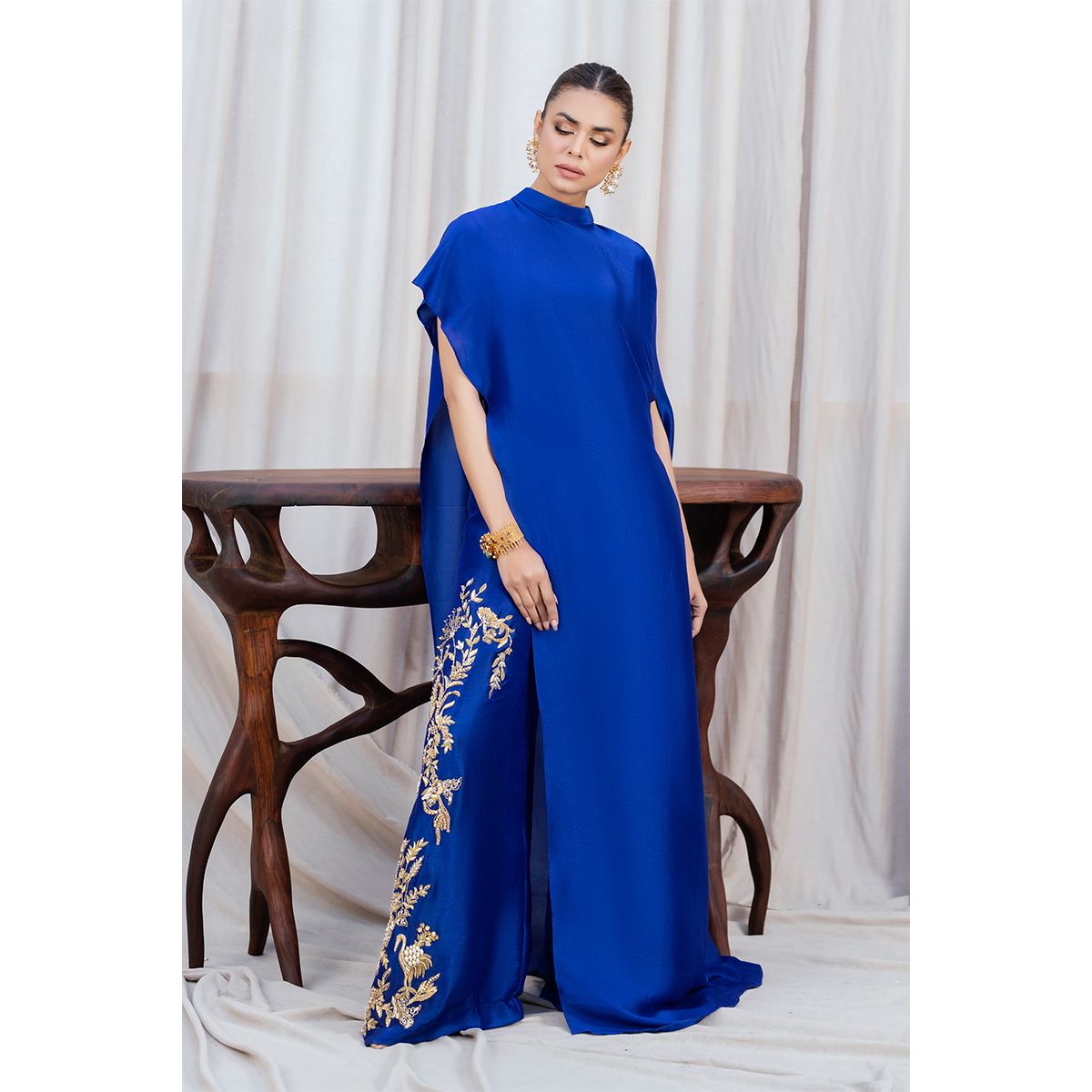 Pakistani Royal Blue Hand Embellished Silk Palazzo Set (3-Piece) - Image 1