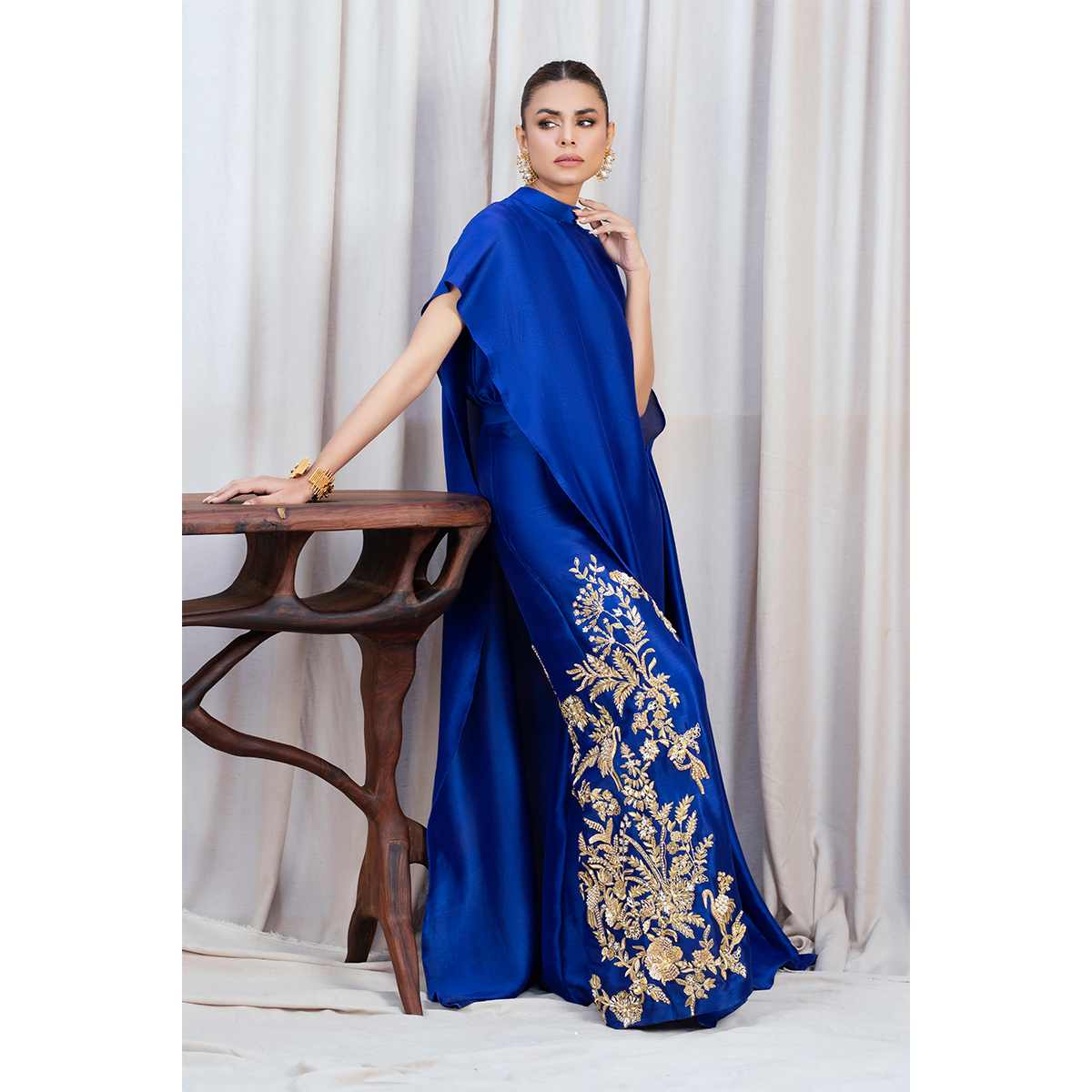 Pakistani Royal Blue Hand Embellished Silk Palazzo Set (3-Piece) - Image 2