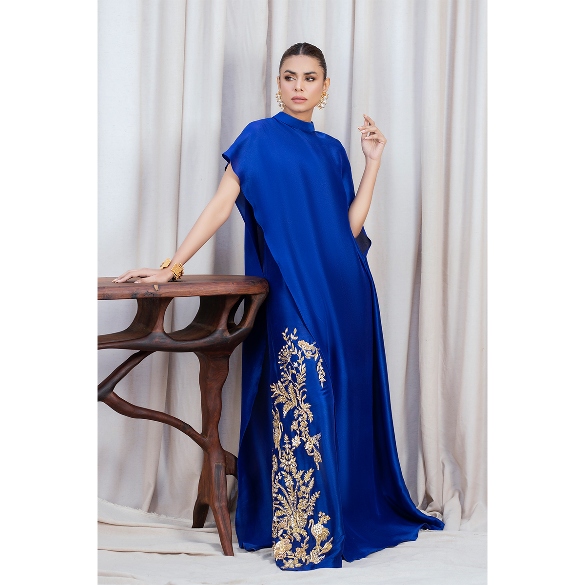 Pakistani Royal Blue Hand Embellished Silk Palazzo Set (3-Piece) - Image 3