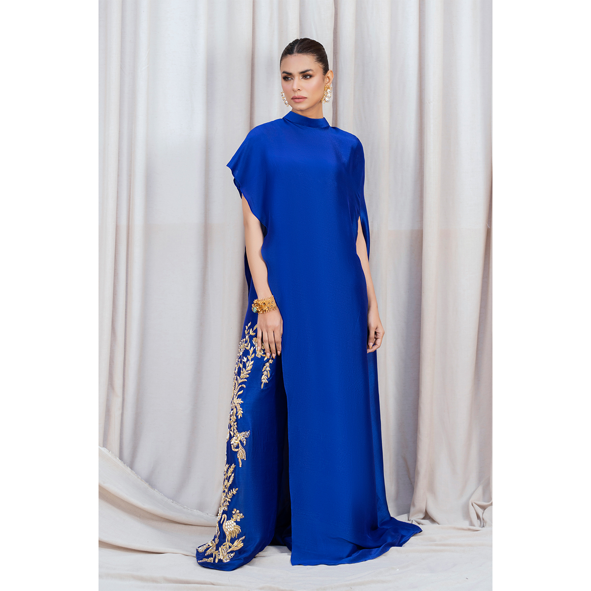 Pakistani Royal Blue Hand Embellished Silk Palazzo Set (3-Piece) - Image 4