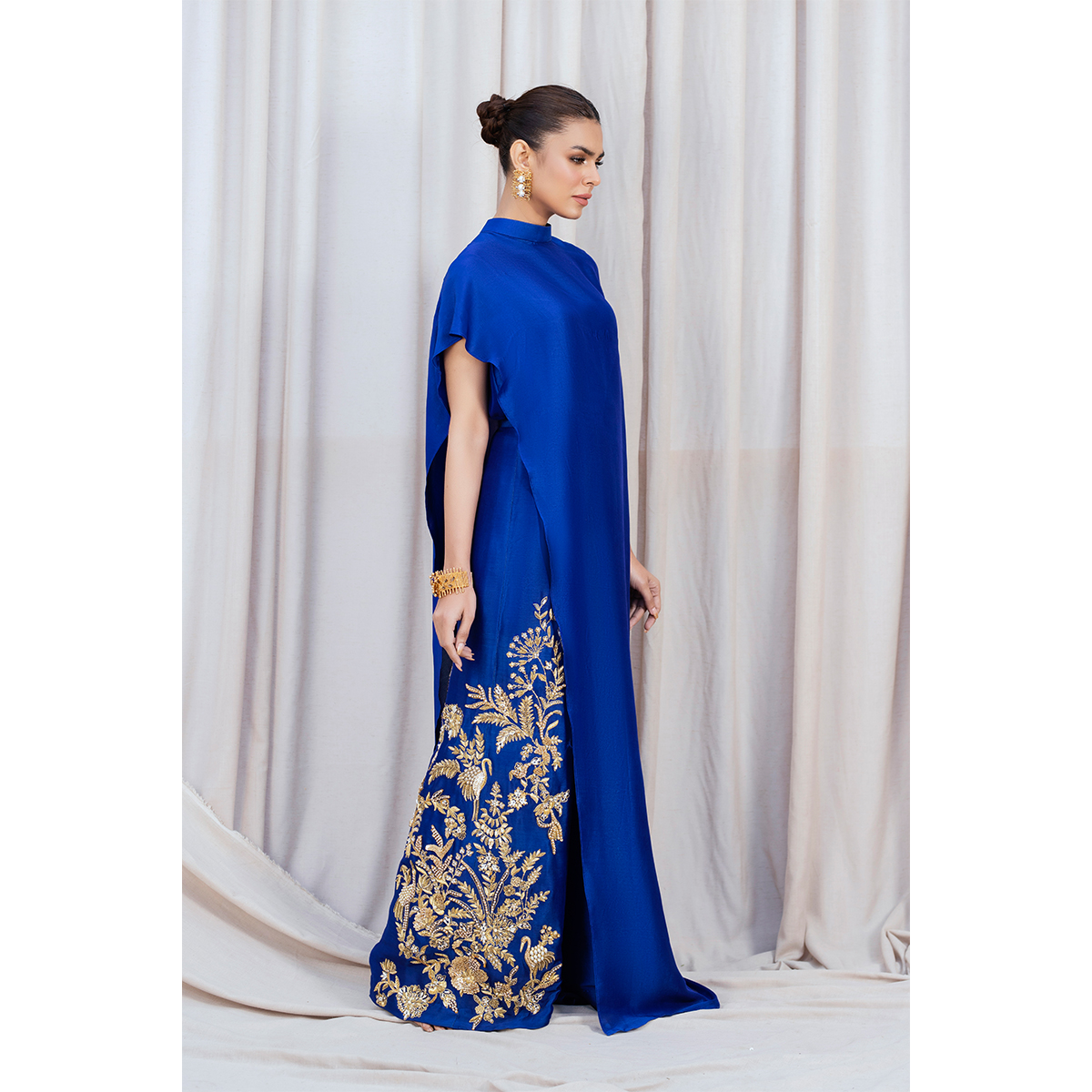 Pakistani Royal Blue Hand Embellished Silk Palazzo Set (3-Piece) - Image 5