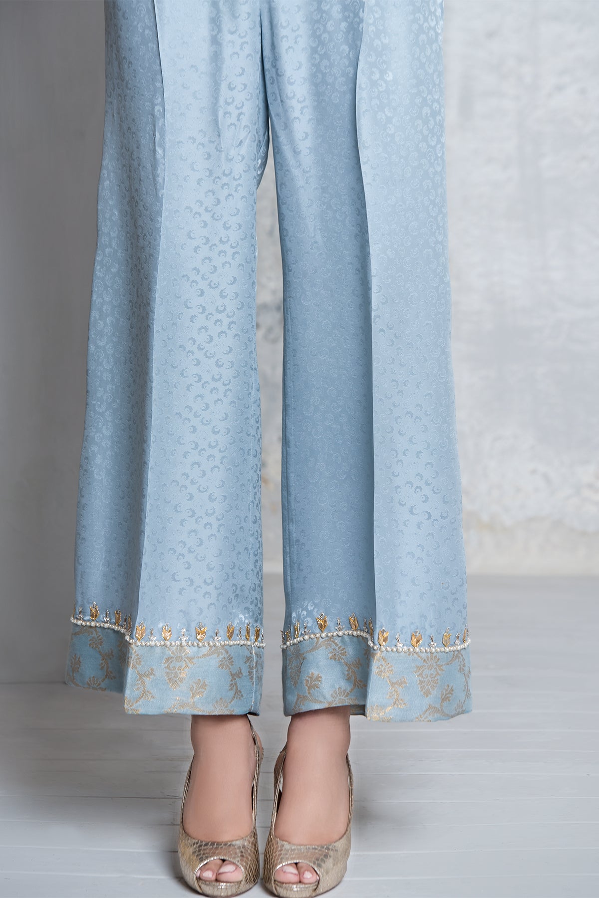 Pakistani Ice Blue Embroidered Embossed Silk Flared Pants (1-Pc) - Image 1