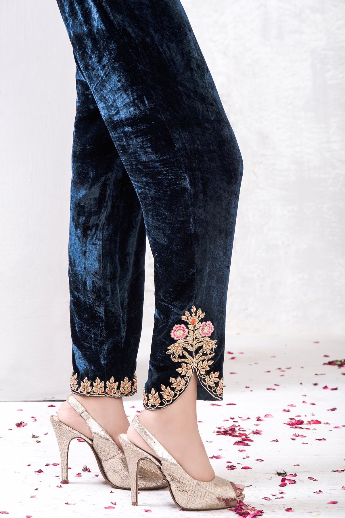 Midnight Blue Gota Embroidered Velvet Straight Pants (1-Pc) - Image 1