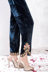 Midnight Blue Gota Embroidered Velvet Straight Pants (1-Pc) - Image 2
