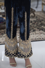 Pakistani Navy Blue Gota Tilla Velvet Flared Pants (1-Pc) - Image 2